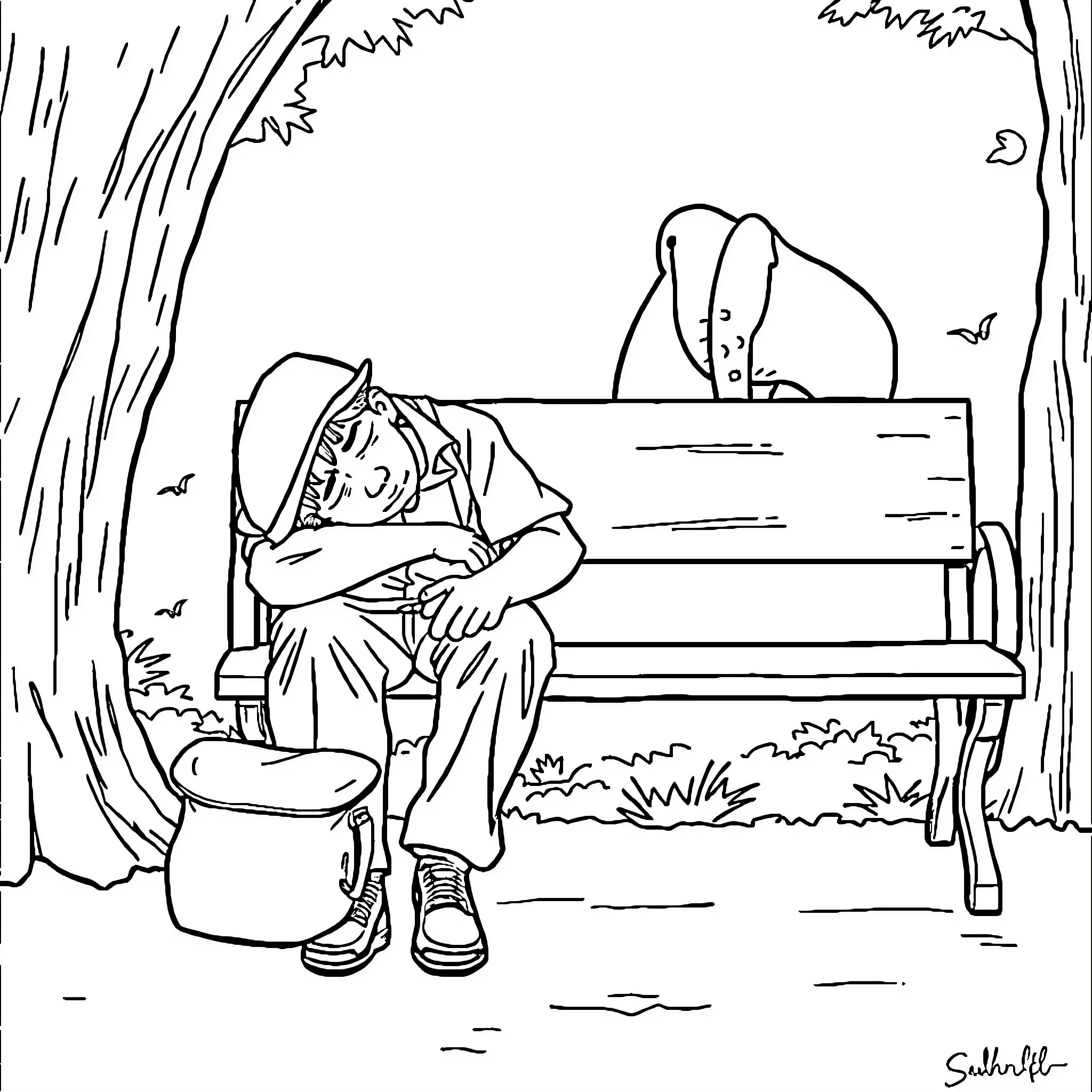 Zookeeper resting on a park bench Coloring Page (free black-and-white line drawing printable PDF for all, from beginners to advanced learners, including children, teens, adults, and seniors)