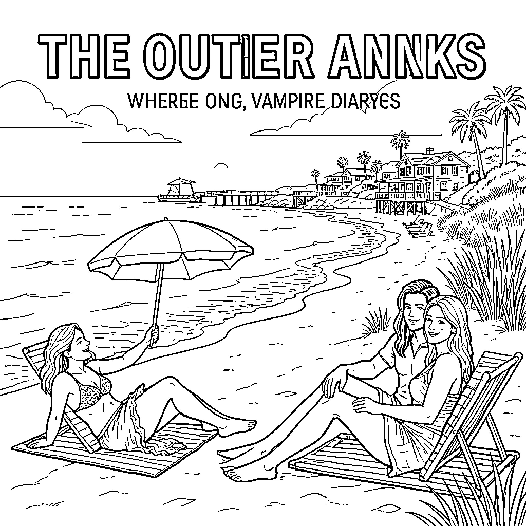 Vampire Diaries inspired characters relaxing on a beach Coloring Page (free black-and-white line drawing printable PDF for all, from beginners to advanced learners, including children, teens, adults, and seniors)