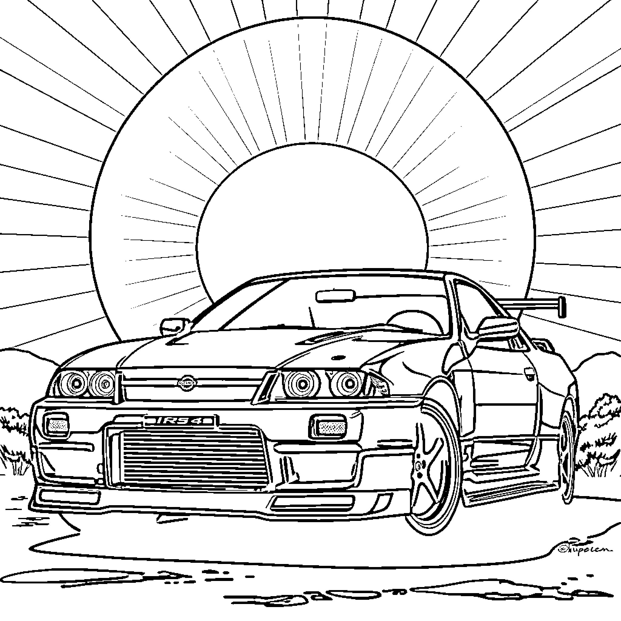 Nissan Skyline racing in the sunset Coloring Page (free black-and-white line drawing printable PDF for all, from beginners to advanced learners, including children, teens, adults, and seniors)