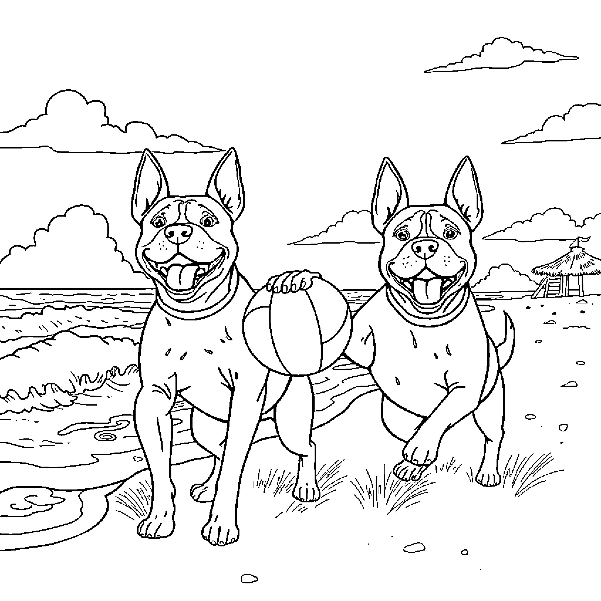 Pitbull dogs playing happily on the beach Coloring Page (free black-and-white line drawing printable PDF for all, from beginners to advanced learners, including children, teens, adults, and seniors)