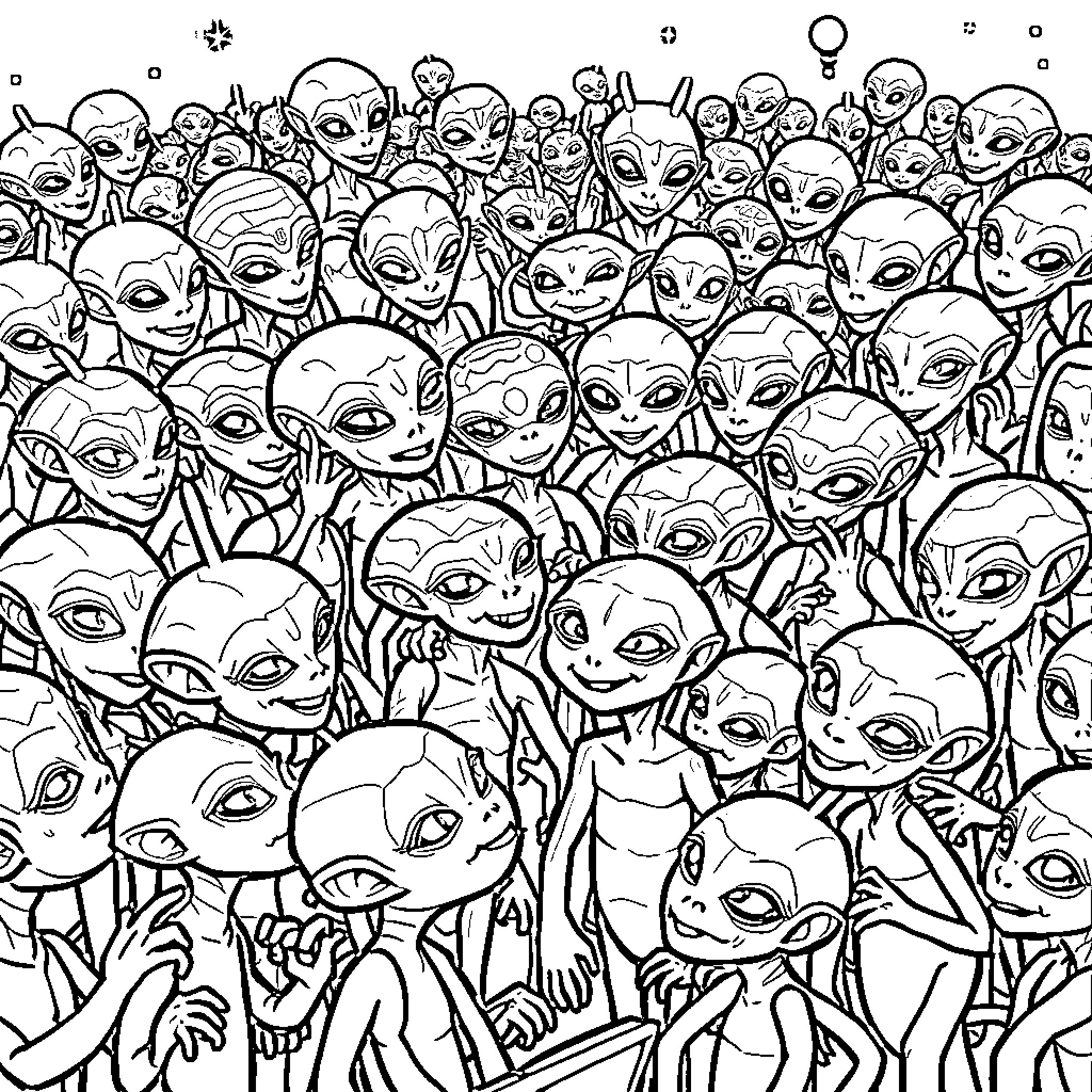 Alien community gathering together Coloring Page (free black-and-white line drawing printable PDF for all, from beginners to advanced learners, including children, teens, adults, and seniors)