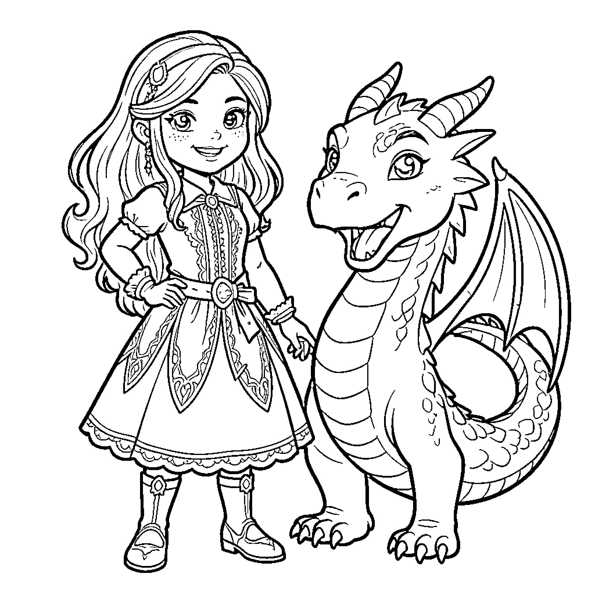 Evie standing proudly next to a friendly dragon Coloring Page (free black-and-white line drawing printable PDF for all, from beginners to advanced learners, including children, teens, adults, and seniors)
