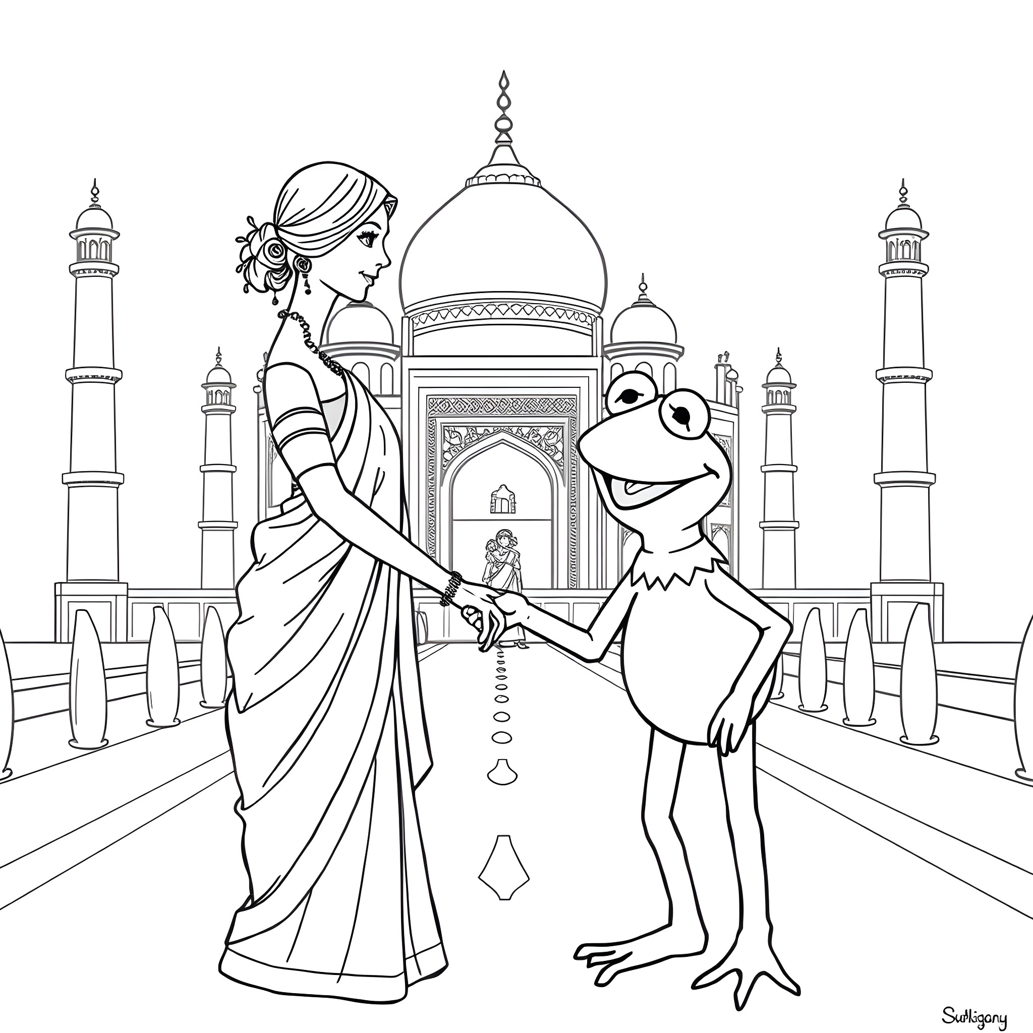 Indian Woman and Frog Exploring Majestic Domed Palace Coloring Page (free black-and-white line drawing printable PDF for all, from beginners to advanced learners, including children, teens, adults, and seniors)