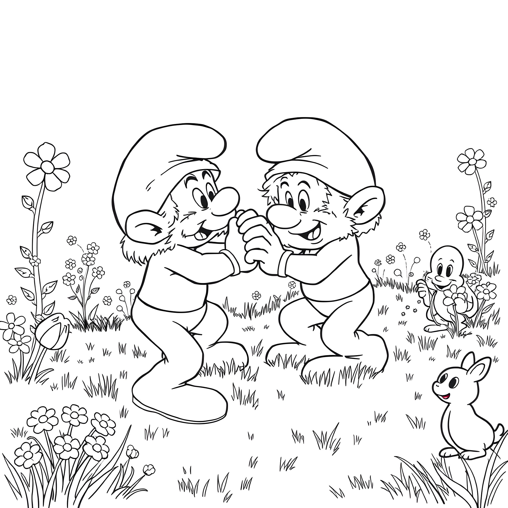 Smurfs Playing and Embracing in Flowery Field Coloring Page (free black-and-white line drawing printable PDF for all, from beginners to advanced learners, including children, teens, adults, and seniors)