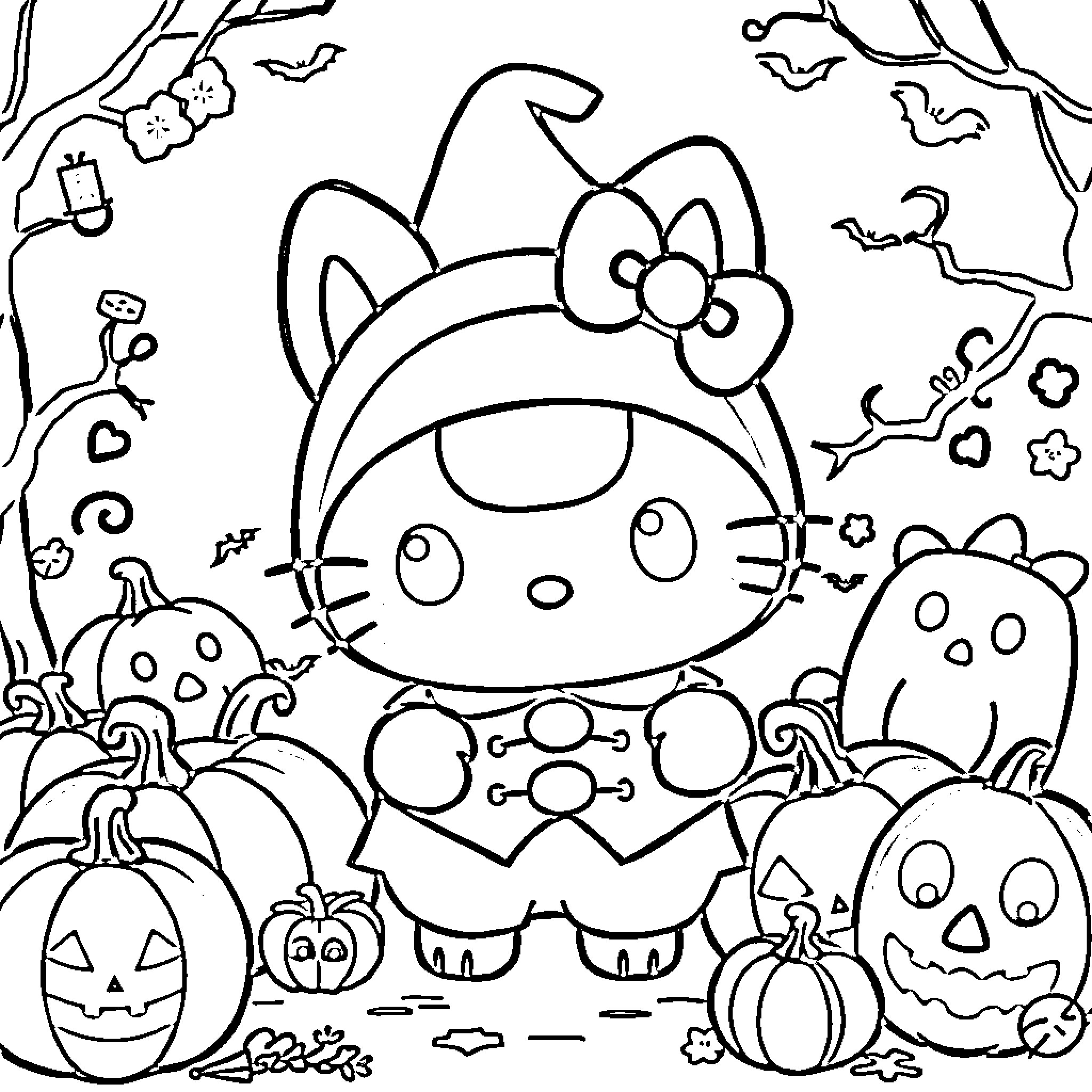 Cinnamoroll enjoying Halloween with pumpkins and bats Coloring Page (free black-and-white line drawing printable PDF for all, from beginners to advanced learners, including children, teens, adults, and seniors)