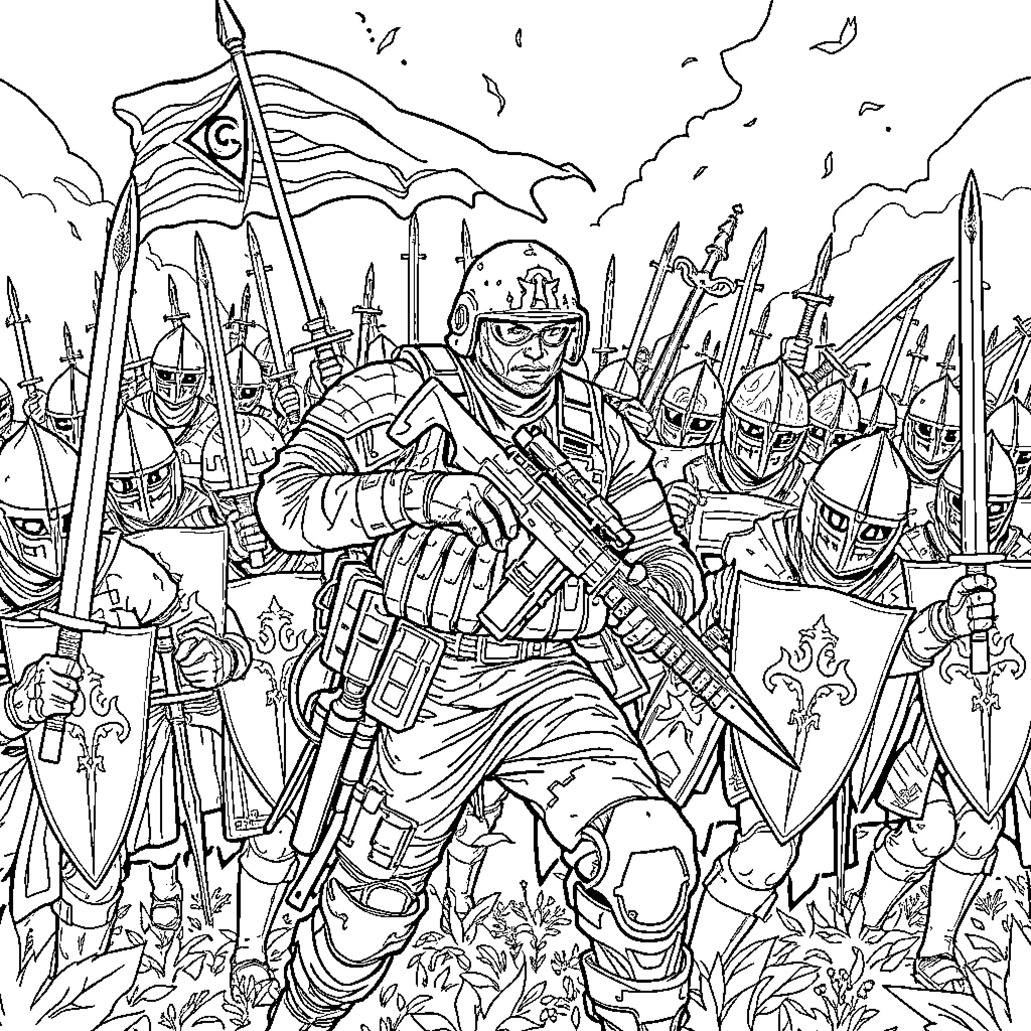 Soldier leading an army into battle Coloring Page (free black-and-white line drawing printable PDF for all, from beginners to advanced learners, including children, teens, adults, and seniors)