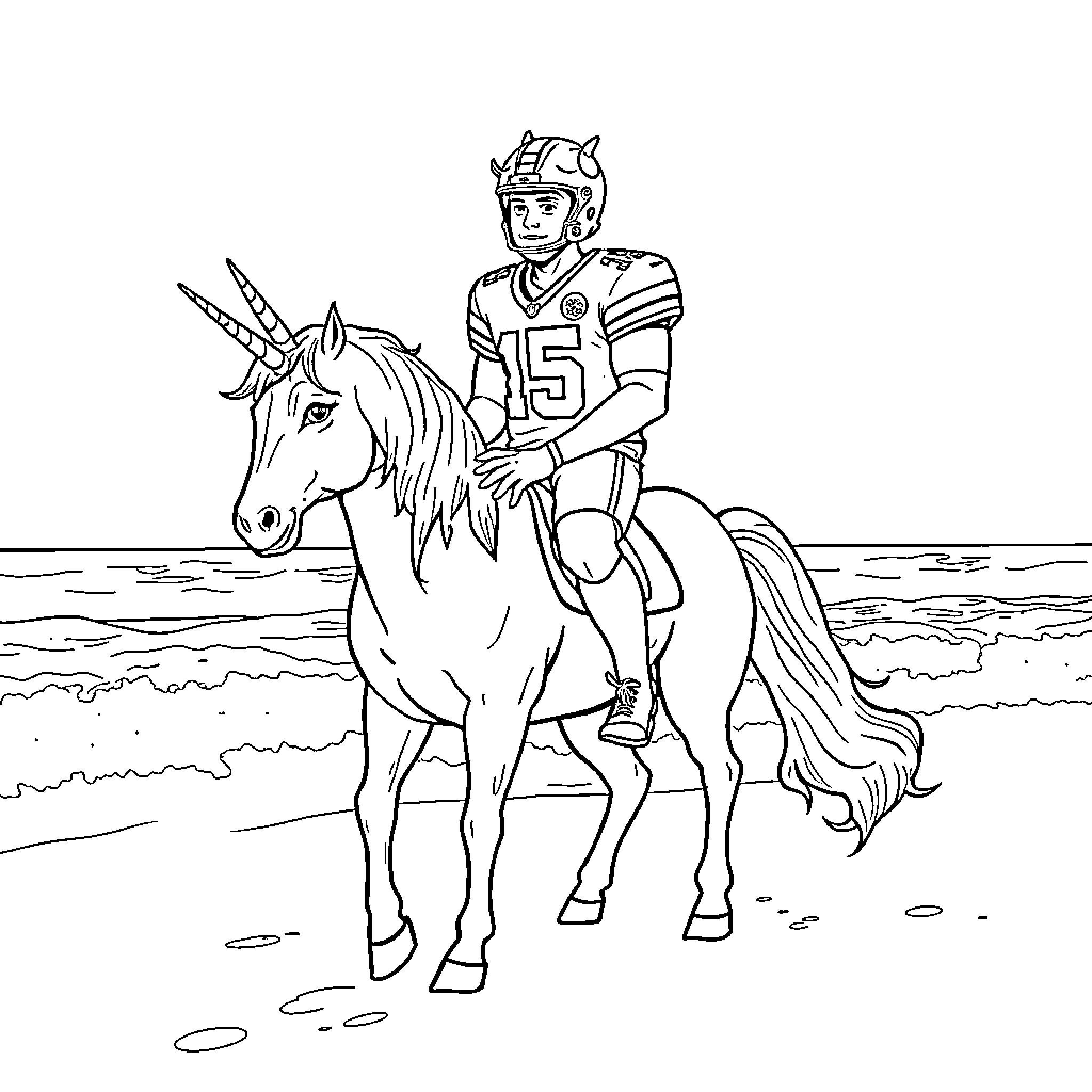 Patrick Mahomes riding a unicorn on the beach Coloring Page (free black-and-white line drawing printable PDF for all, from beginners to advanced learners, including children, teens, adults, and seniors)