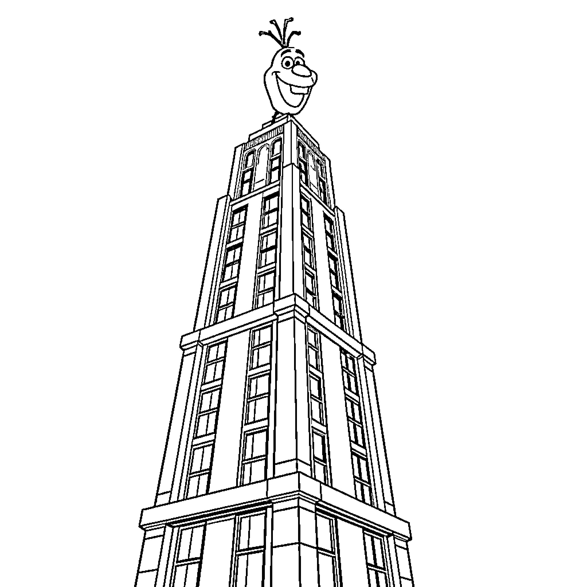 Olaf enjoying the view atop a tall building Coloring Page (free black-and-white line drawing printable PDF for all, from beginners to advanced learners, including children, teens, adults, and seniors)