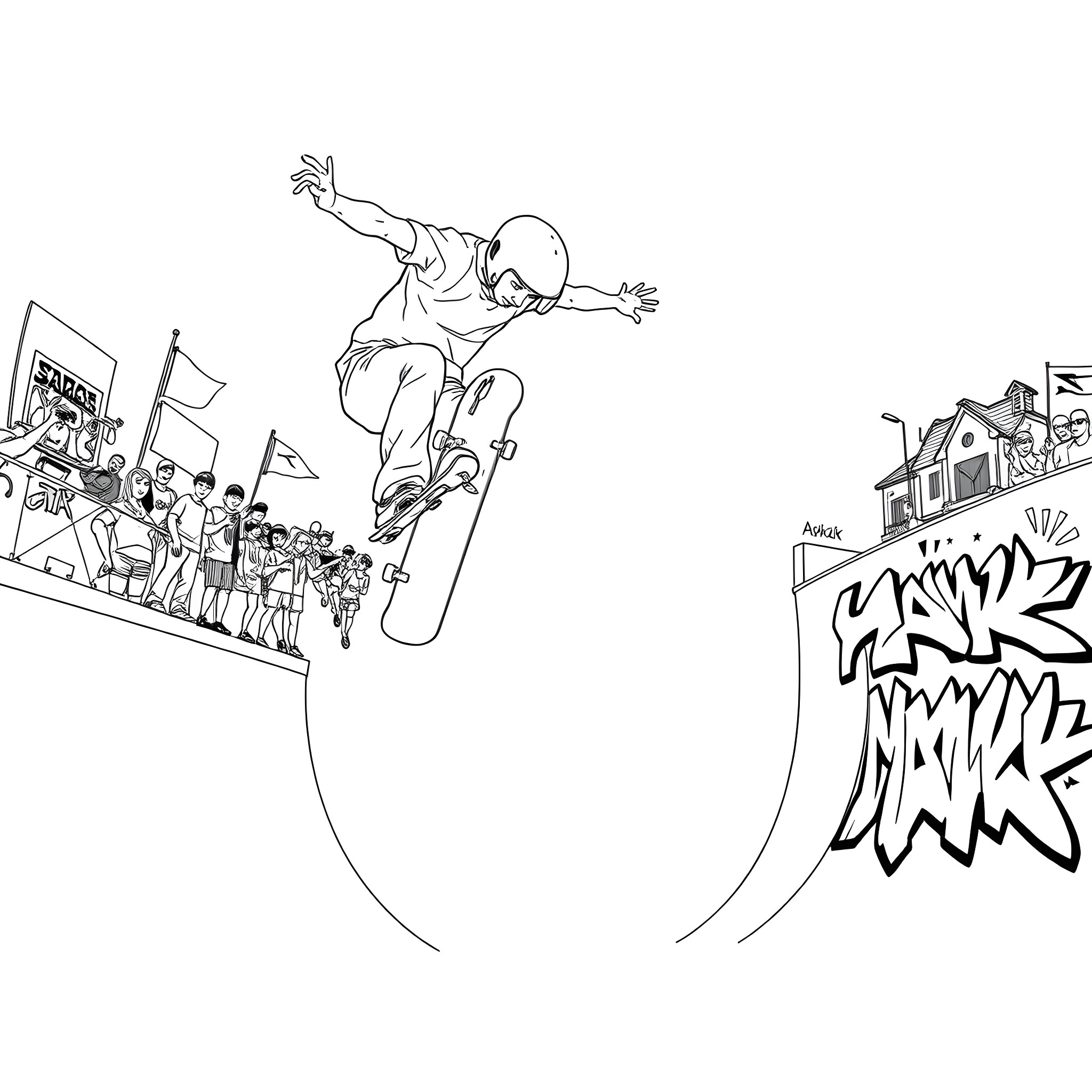 Tony Hawk's epic skateboarding moves amidst urban scenes Coloring Page (free black-and-white line drawing printable PDF for all, from beginners to advanced learners, including children, teens, adults, and seniors)