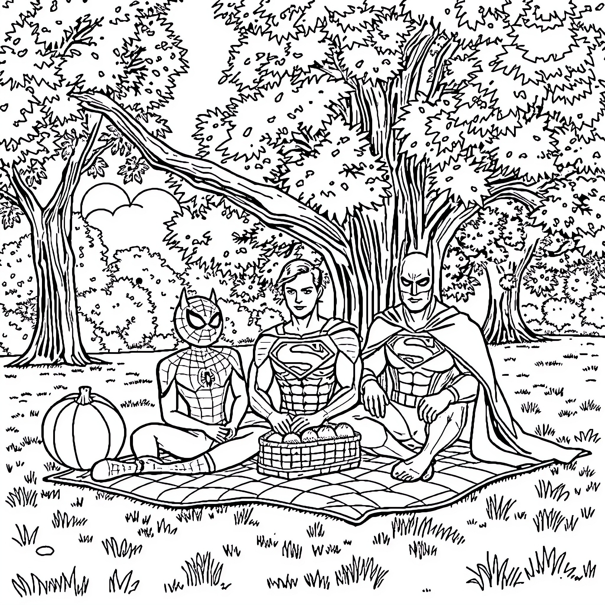Superhero picnic in the park Coloring Page (free black-and-white line drawing printable PDF for all, from beginners to advanced learners, including children, teens, adults, and seniors)