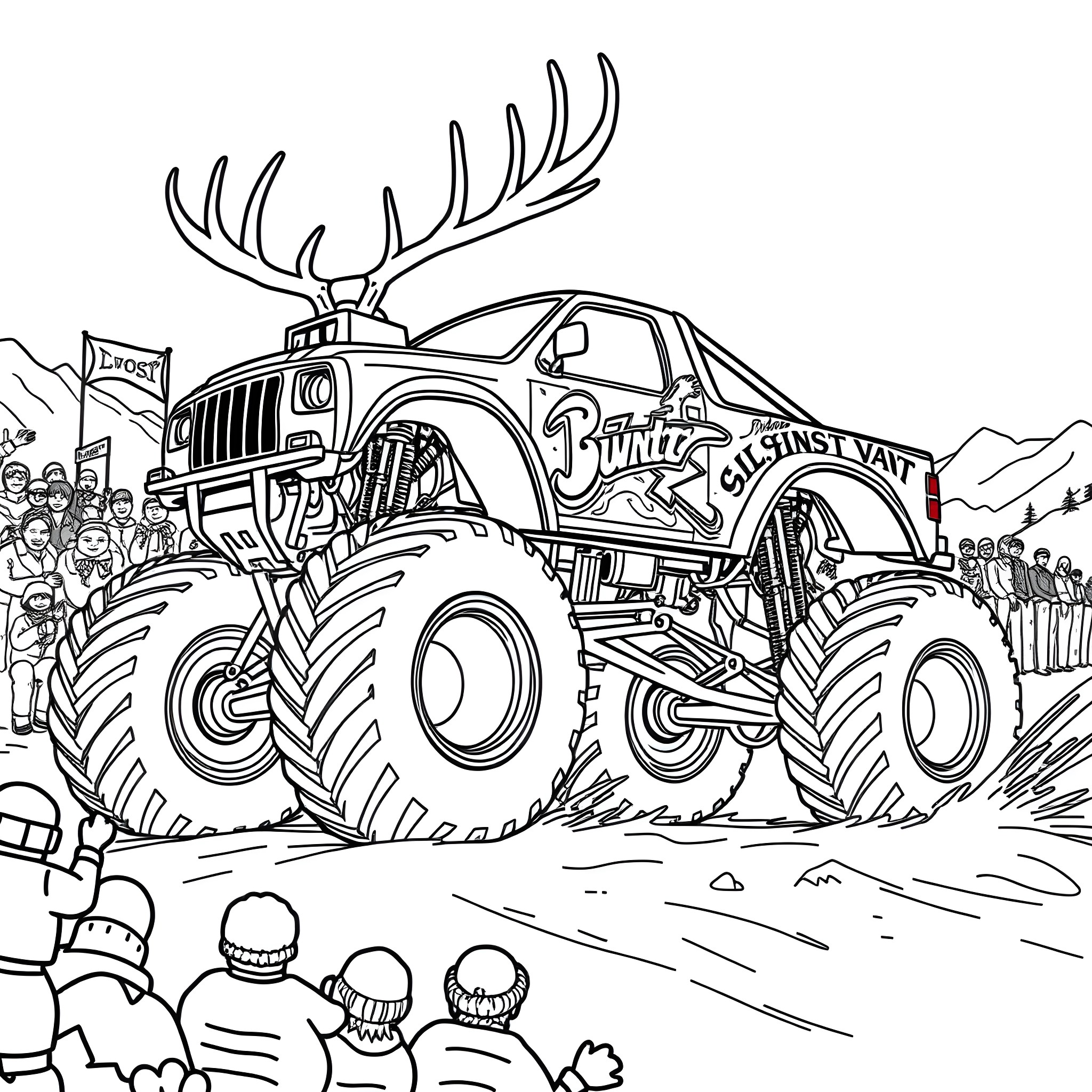 Reindeer Monster Truck Performing Stunts for Crowd Coloring Page (free black-and-white line drawing printable PDF for all, from beginners to advanced learners, including children, teens, adults, and seniors)