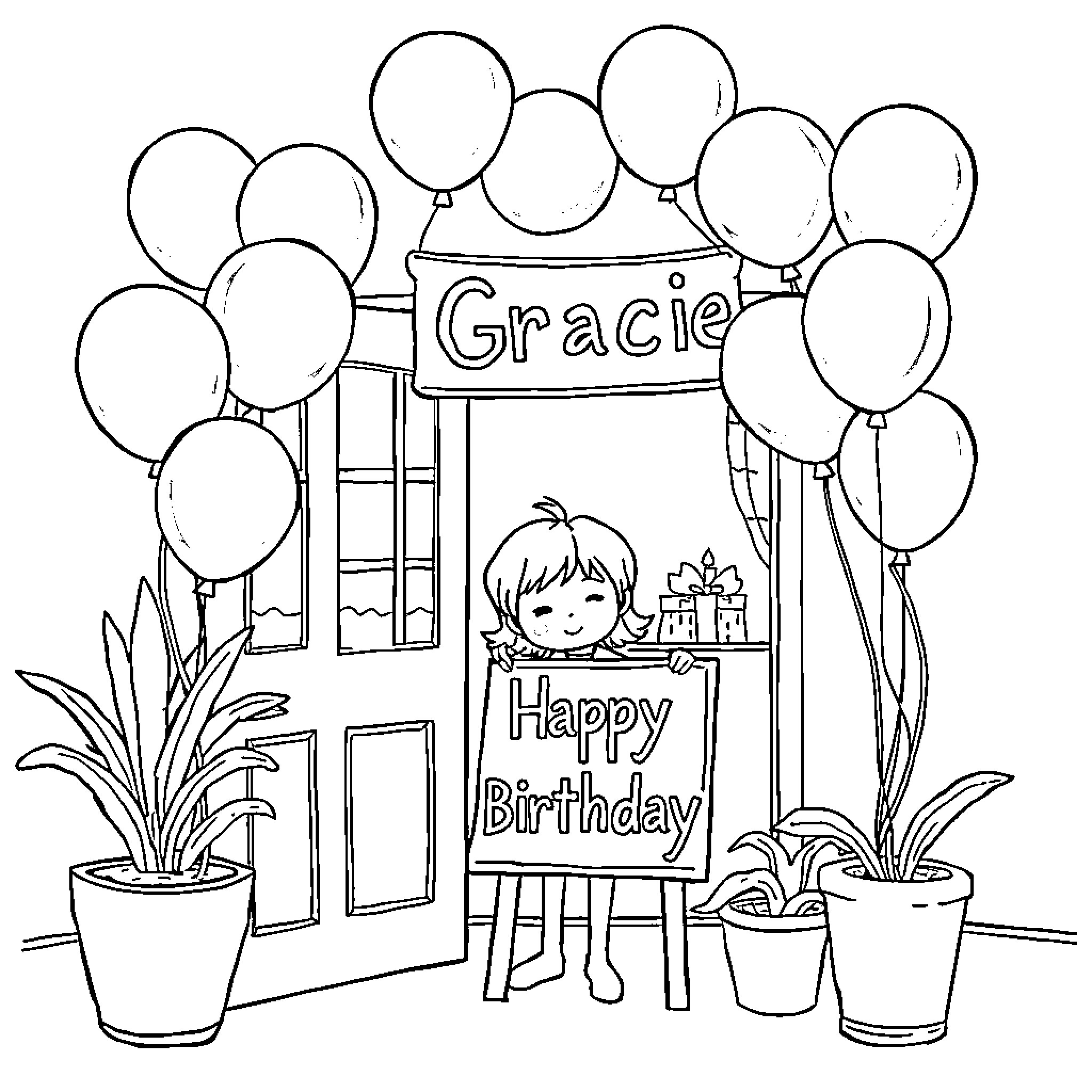 Gracie's Happy Birthday Party with Balloons Coloring Page (free black-and-white line drawing printable PDF for all, from beginners to advanced learners, including children, teens, adults, and seniors)