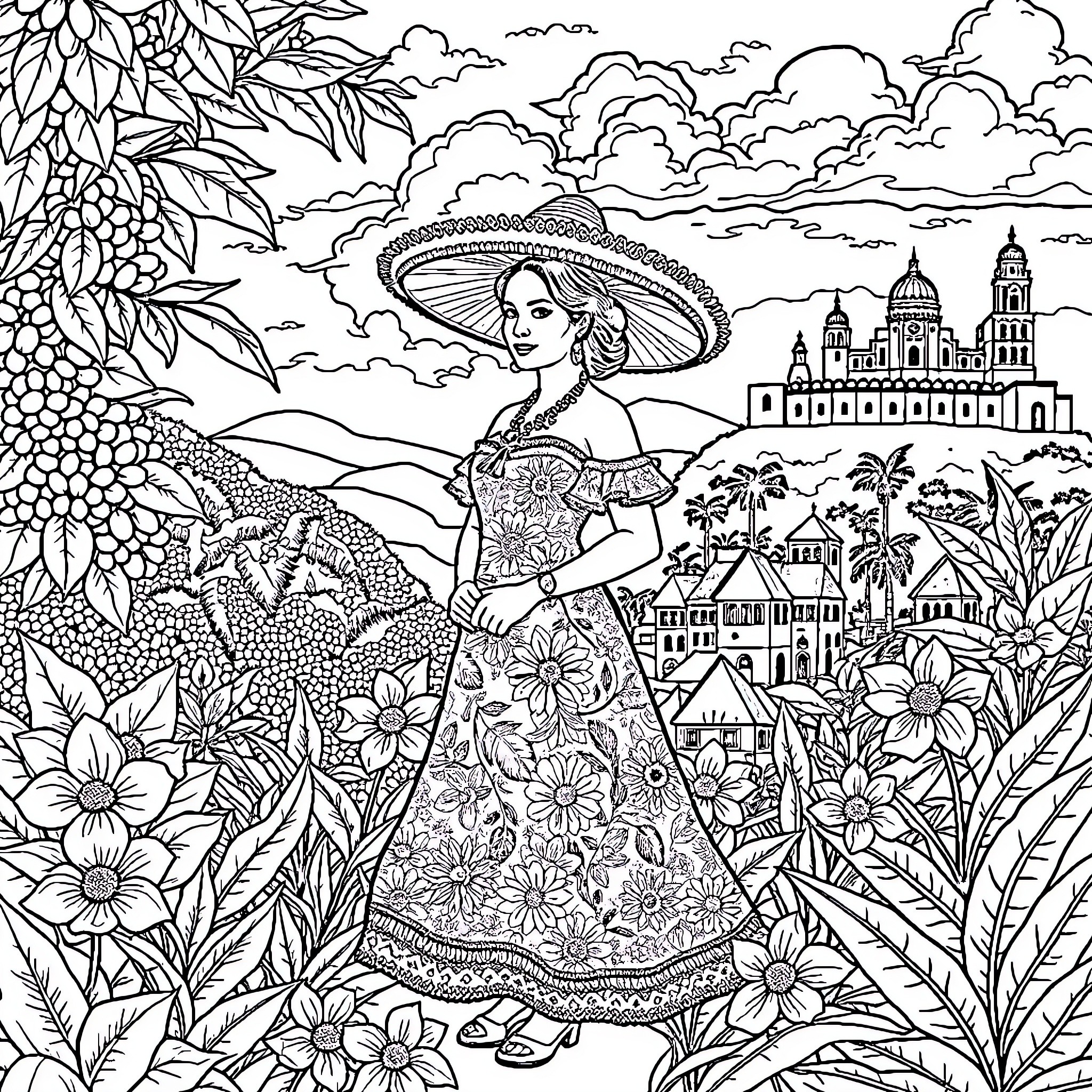 Colombia: A Whimsical Scene of Colorful Attire and Vibrant Landscapes Coloring Page (free black-and-white line drawing printable PDF for all, from beginners to advanced learners, including children, teens, adults, and seniors)