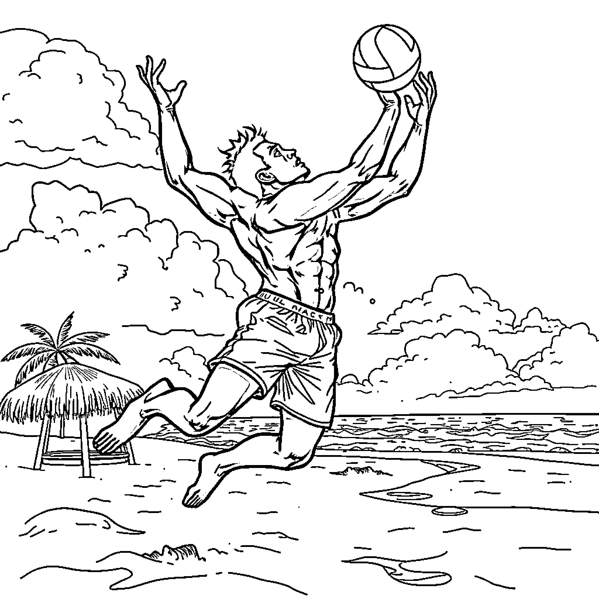 Muscle Man playing beach volleyball in the tropics Coloring Page (free black-and-white line drawing printable PDF for all, from beginners to advanced learners, including children, teens, adults, and seniors)