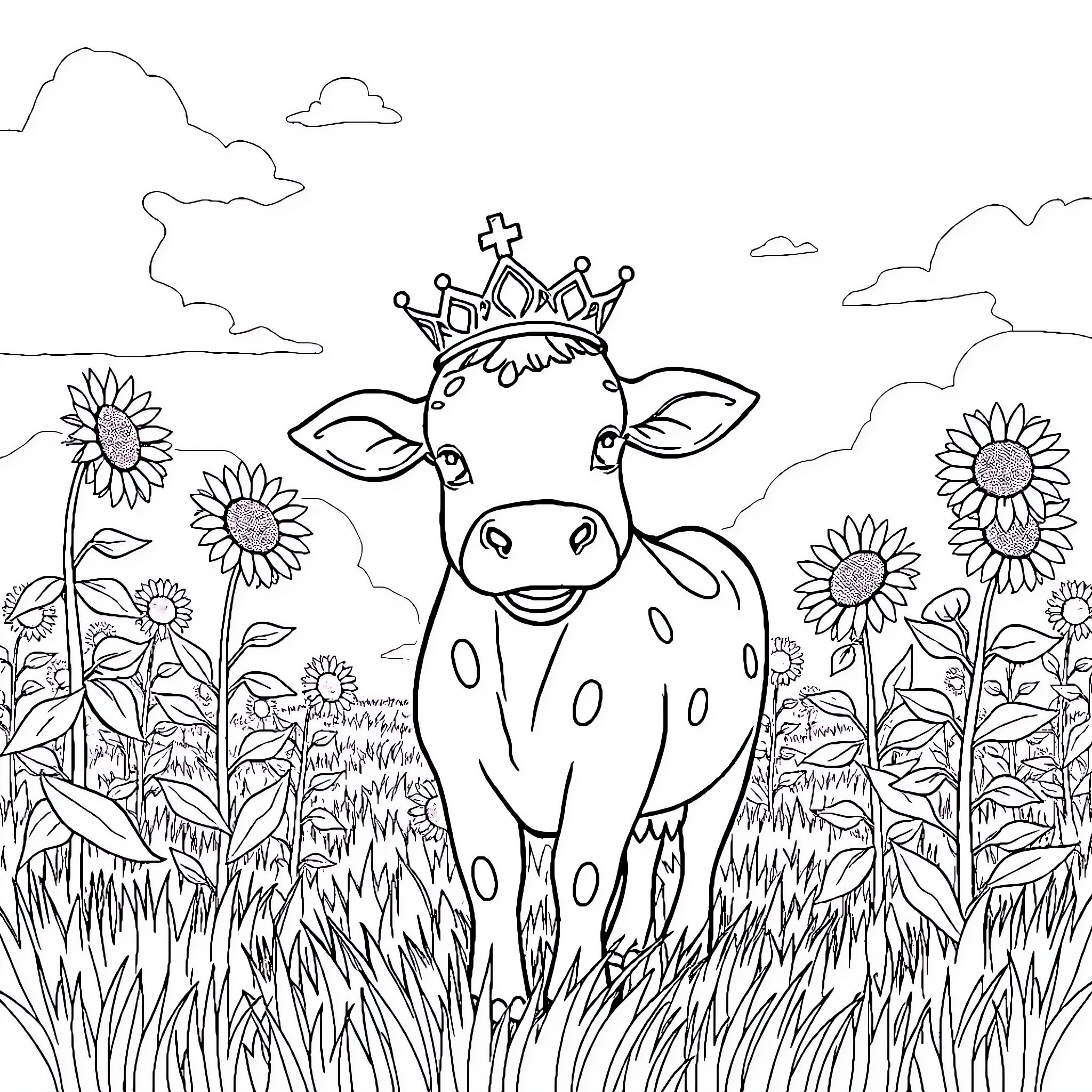 Princess Cow in a Sunflower Meadow Coloring Page (free black-and-white line drawing printable PDF for all, from beginners to advanced learners, including children, teens, adults, and seniors)