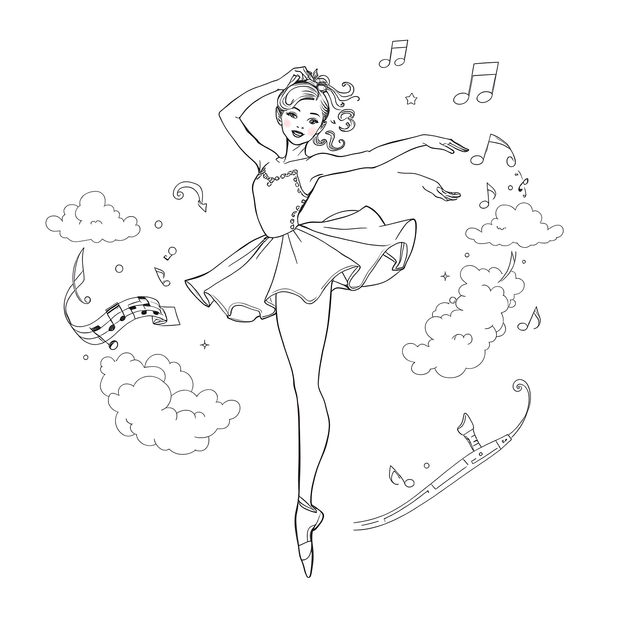 Ballerina dancing gracefully to musical notes Coloring Page (free black-and-white line drawing printable PDF for all, from beginners to advanced learners, including children, teens, adults, and seniors)