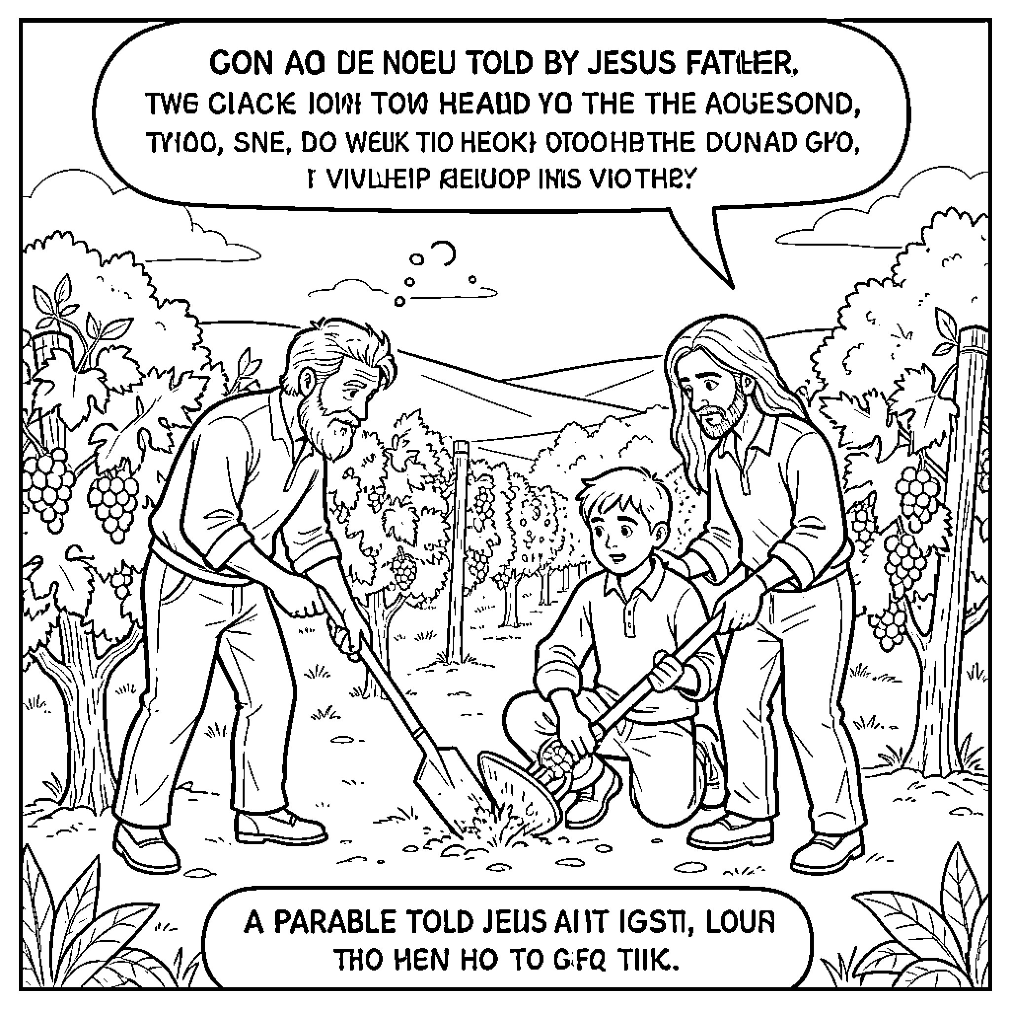 Parable of men working together in a field Coloring Page (free black-and-white line drawing printable PDF for all, from beginners to advanced learners, including children, teens, adults, and seniors)
