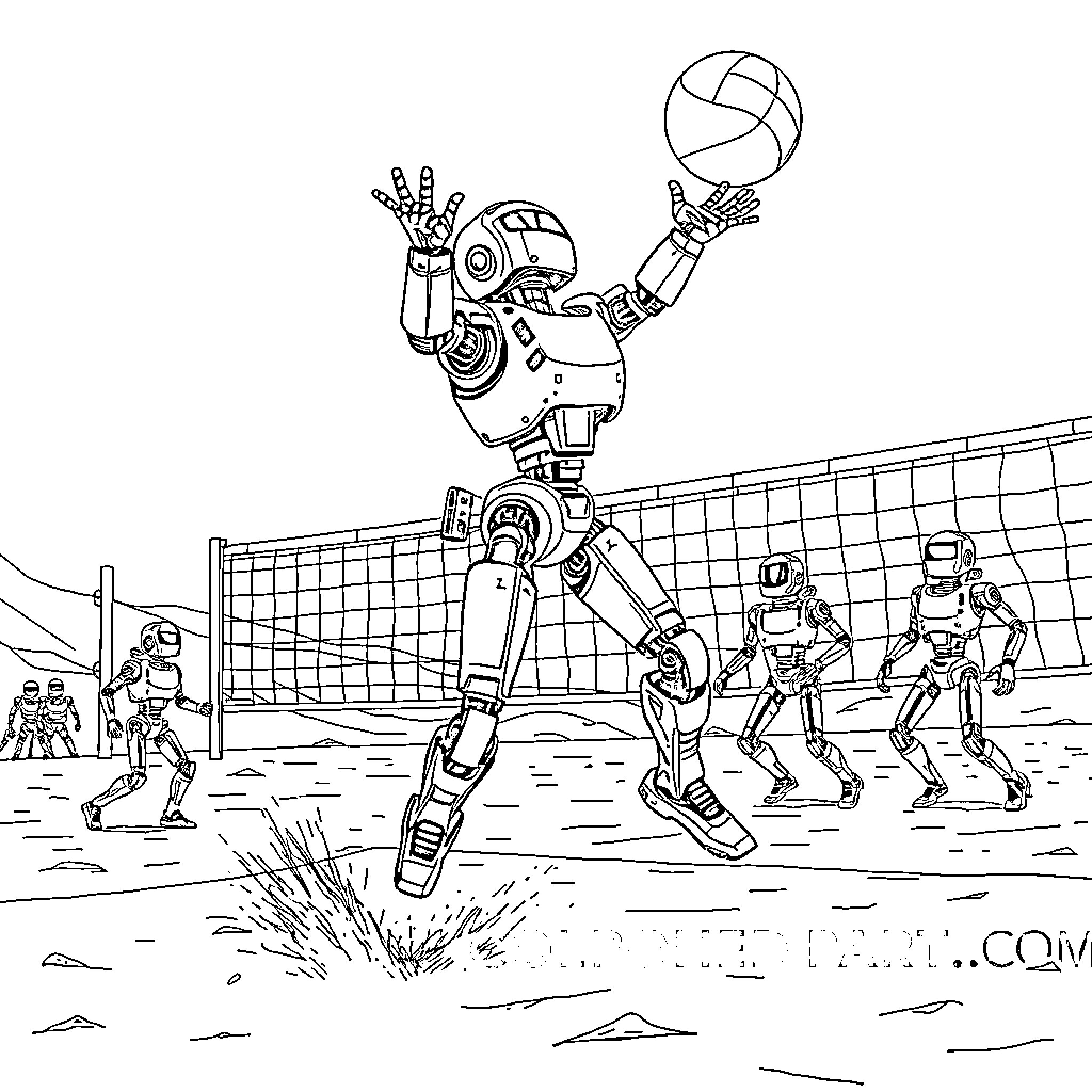 Robot Playing Volleyball with Human Teammates Coloring Page (free black-and-white line drawing printable PDF for all, from beginners to advanced learners, including children, teens, adults, and seniors)