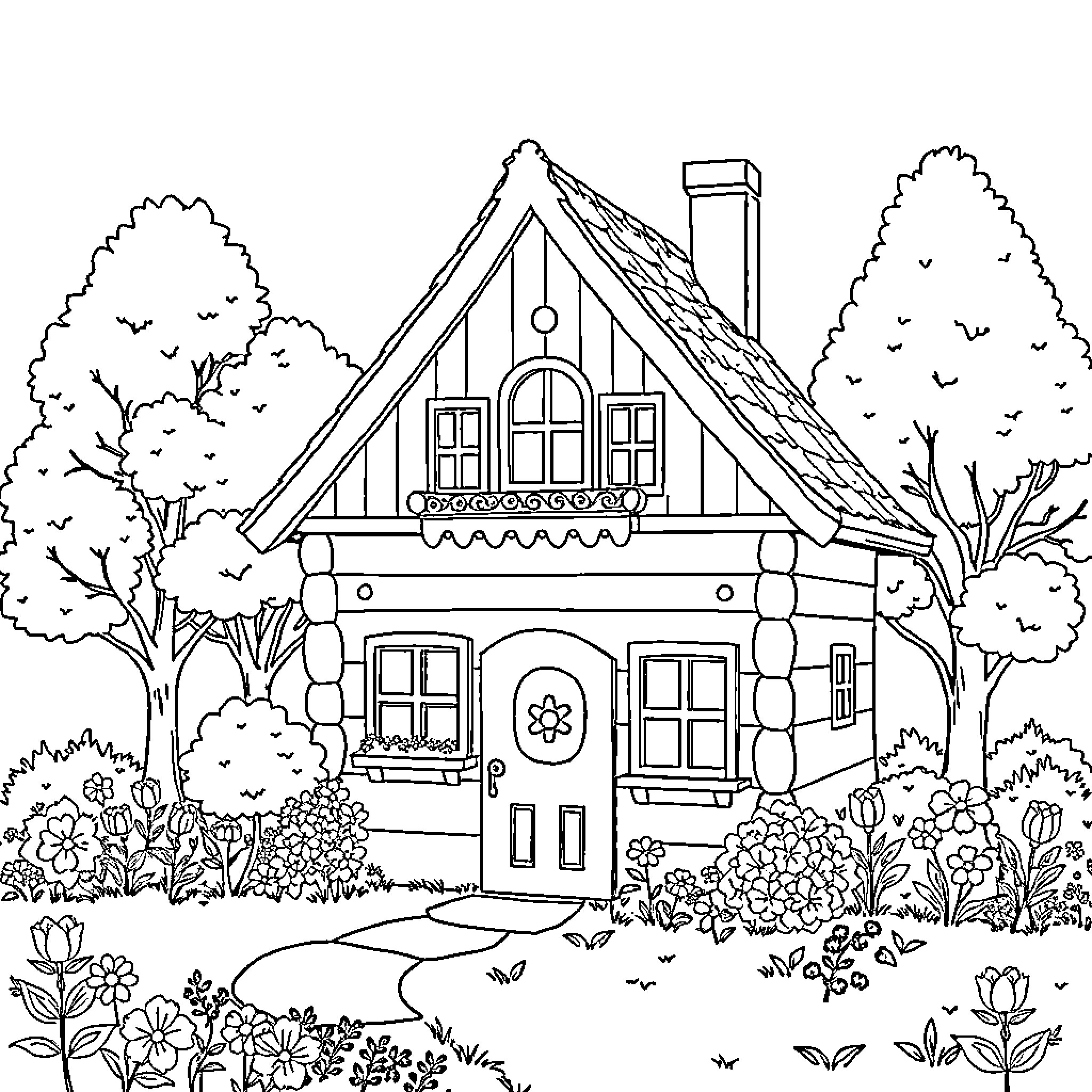 House with charming details in a lush garden Coloring Page (free black-and-white line drawing printable PDF for all, from beginners to advanced learners, including children, teens, adults, and seniors)