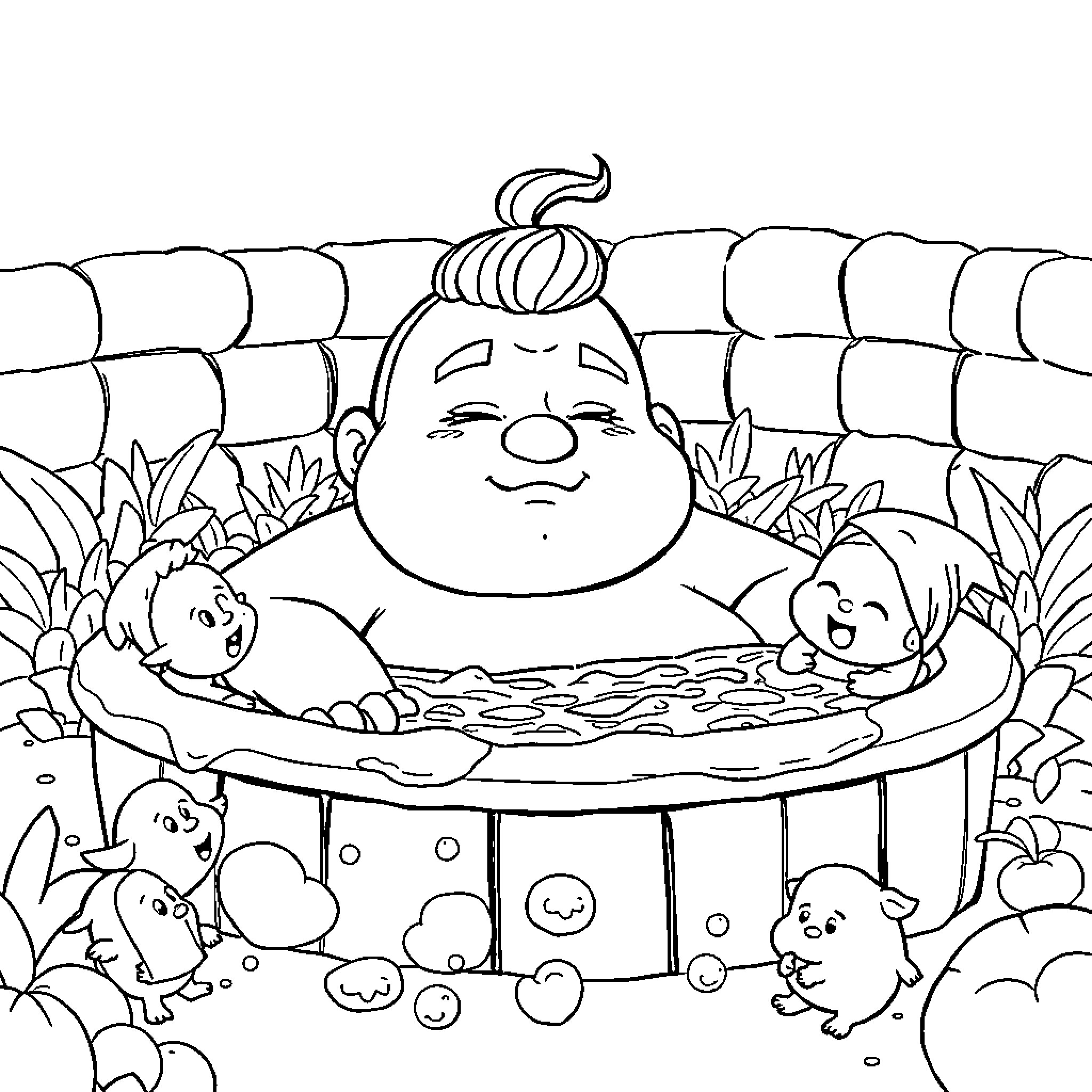 Gamer relaxes in an outdoor hot spring with animal friends Coloring Page (free black-and-white line drawing printable PDF for all, from beginners to advanced learners, including children, teens, adults, and seniors)