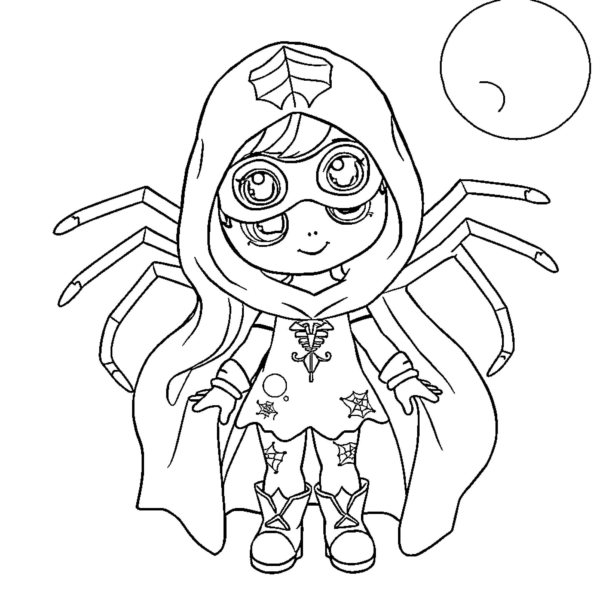 Gabby the Friendly Spider Girl Coloring Page (free black-and-white line drawing printable PDF for all, from beginners to advanced learners, including children, teens, adults, and seniors)