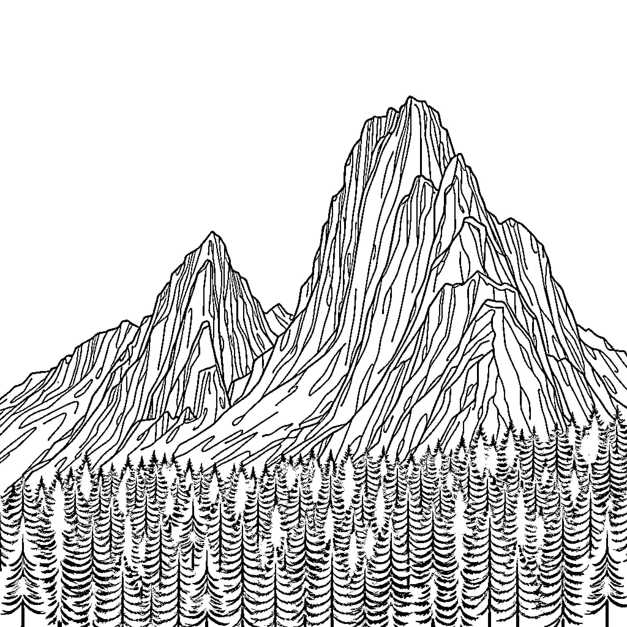 Mountain Peaks Reaching Towards the Sky Coloring Page (free black-and-white line drawing printable PDF for all, from beginners to advanced learners, including children, teens, adults, and seniors)