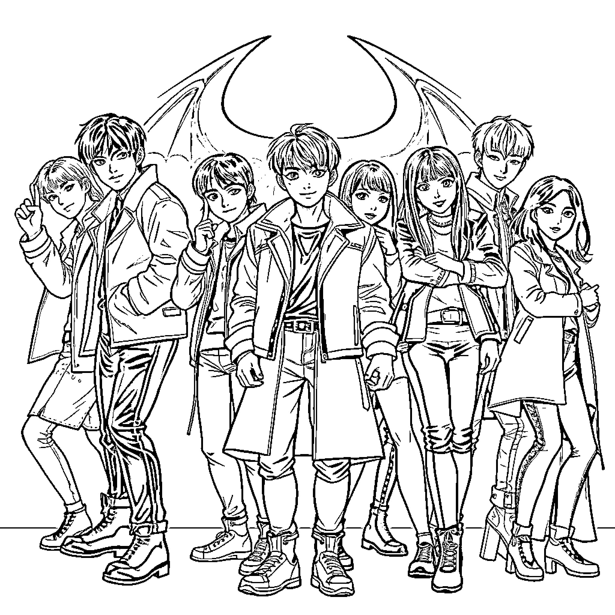 Demon Hunter Group in Action Poses Coloring Page (free black-and-white line drawing printable PDF for all, from beginners to advanced learners, including children, teens, adults, and seniors)