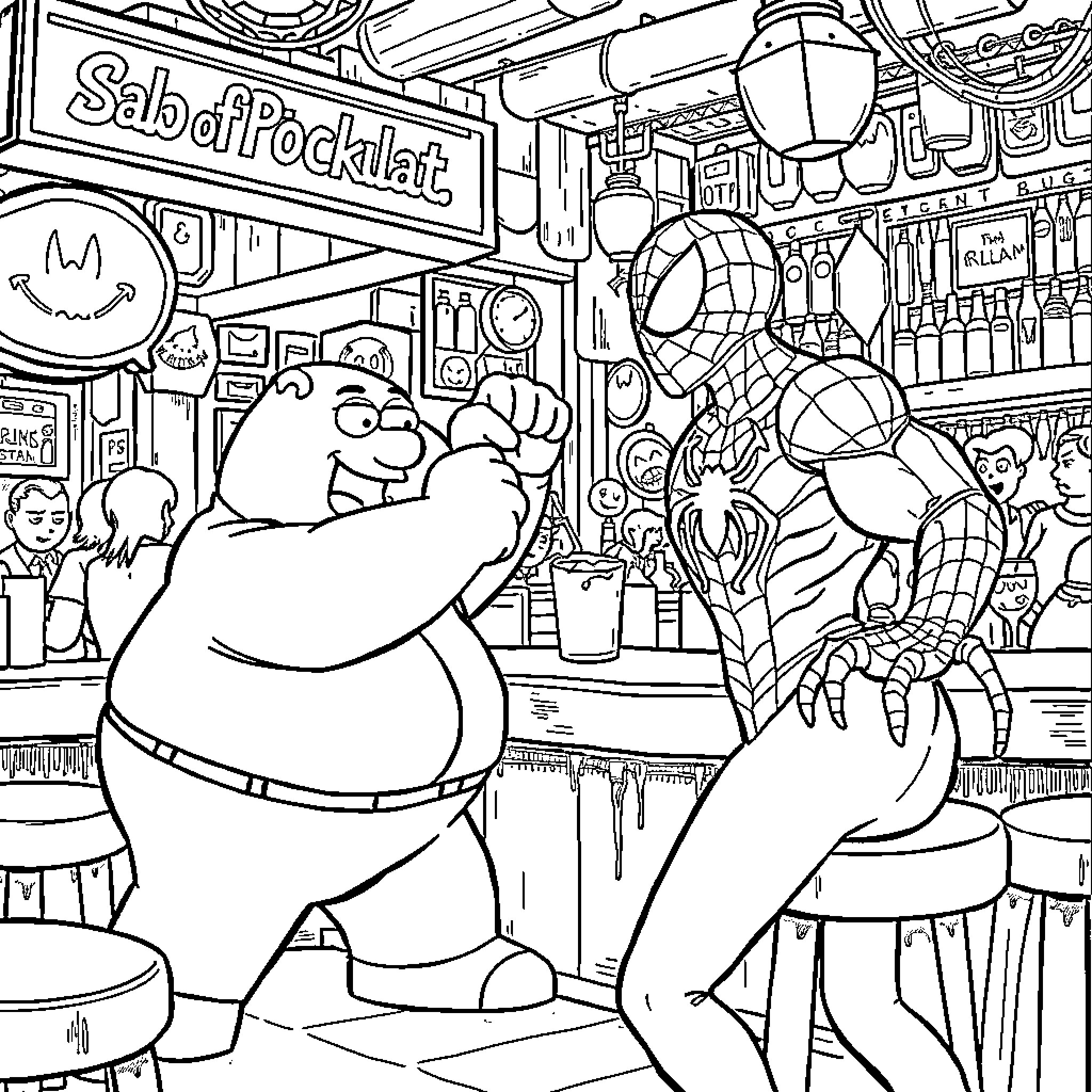 Peter Griffin and Spiderman in a Wacky Cartoon Bar Coloring Page (free black-and-white line drawing printable PDF for all, from beginners to advanced learners, including children, teens, adults, and seniors)