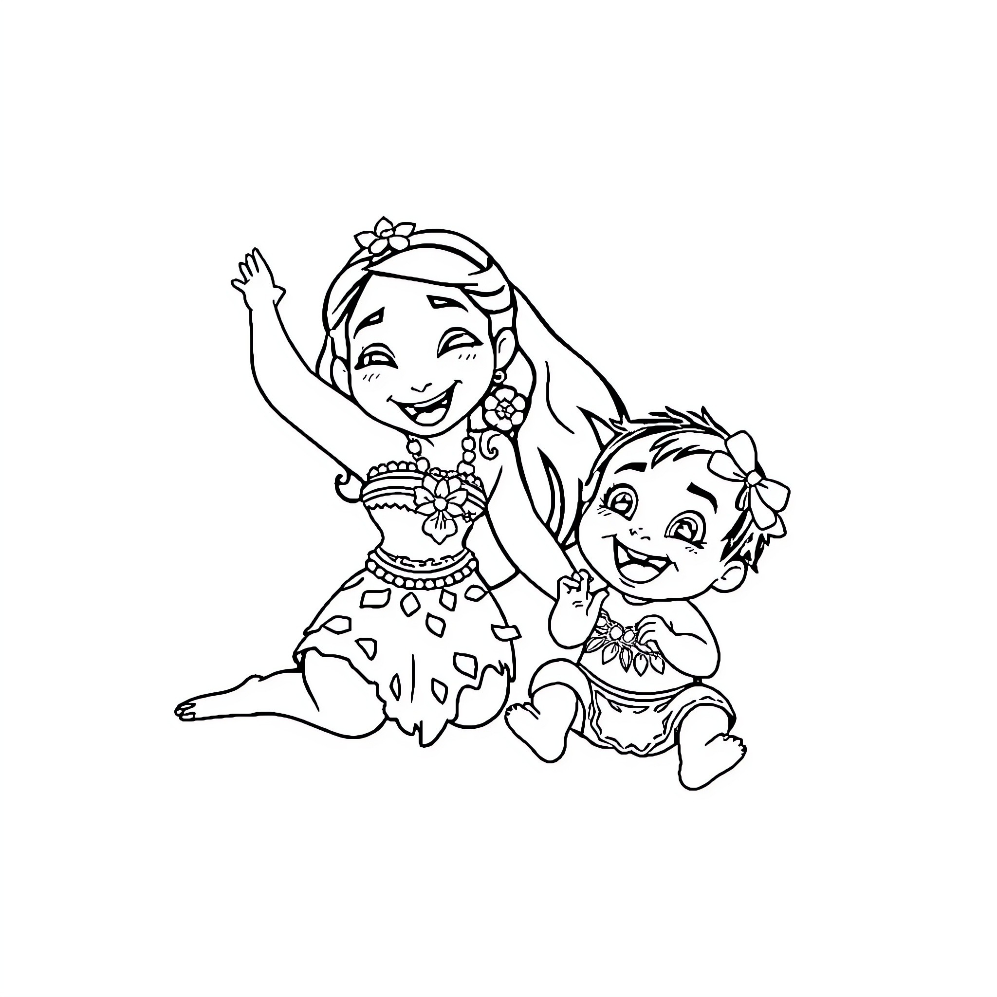 Moana and Baby Sister Enjoying Playtime Together Coloring Page (free black-and-white line drawing printable PDF for all, from beginners to advanced learners, including children, teens, adults, and seniors)