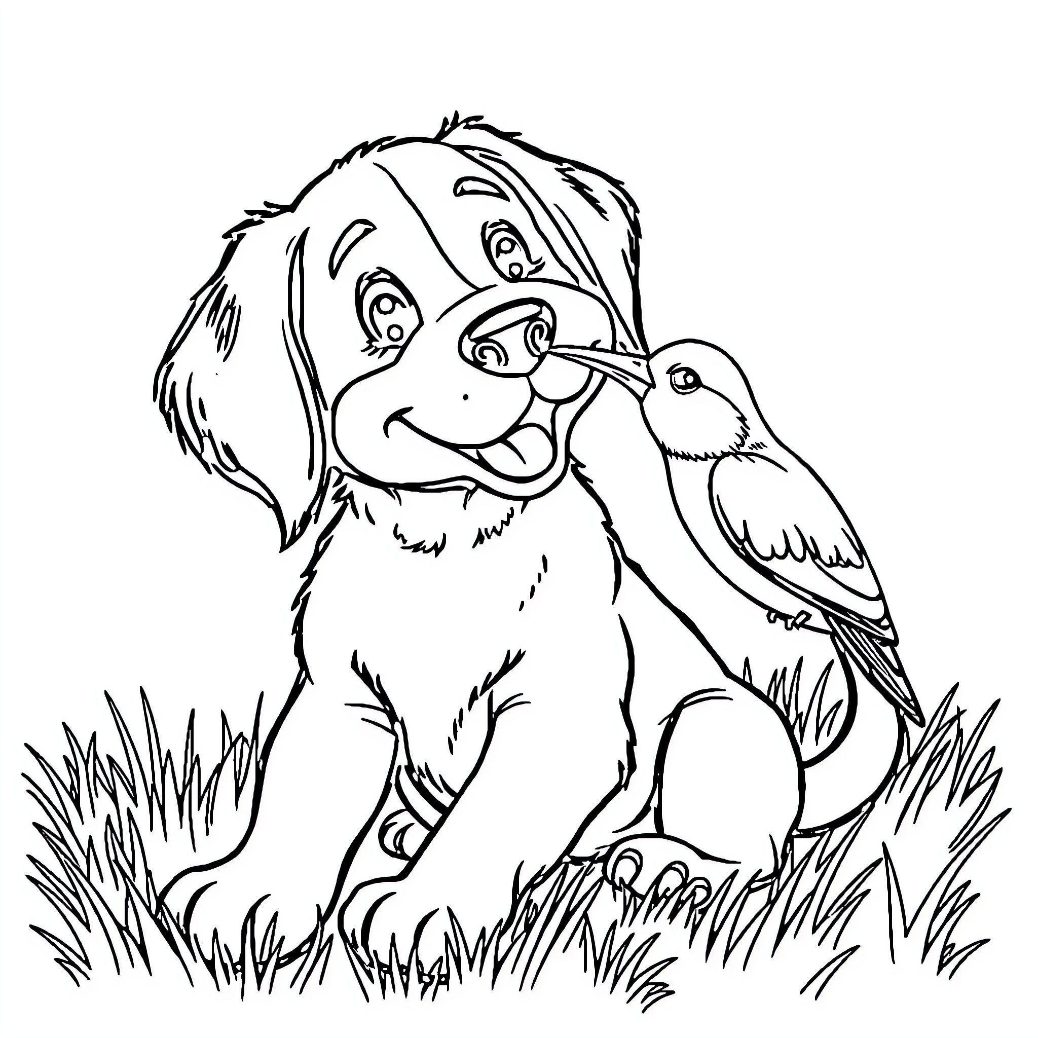 Dog playing with bird in the grass Coloring Page (free black-and-white line drawing printable PDF for all, from beginners to advanced learners, including children, teens, adults, and seniors)