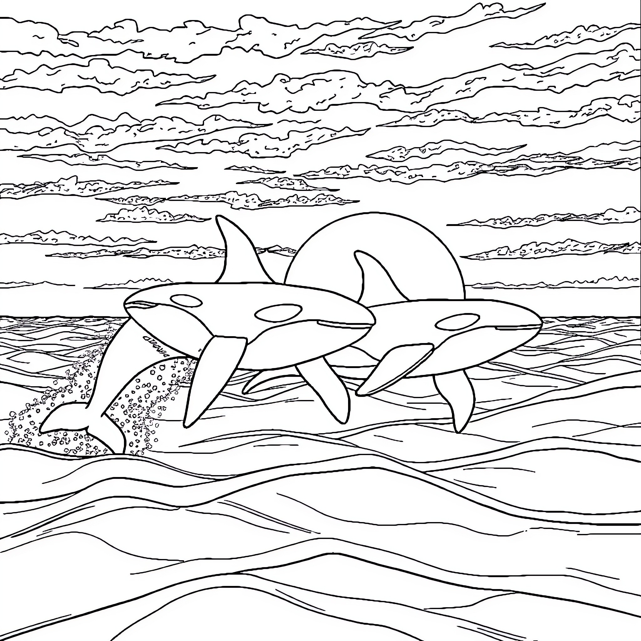 Killer Whales Swimming in the Waves Coloring Page (free black-and-white line drawing printable PDF for all, from beginners to advanced learners, including children, teens, adults, and seniors)