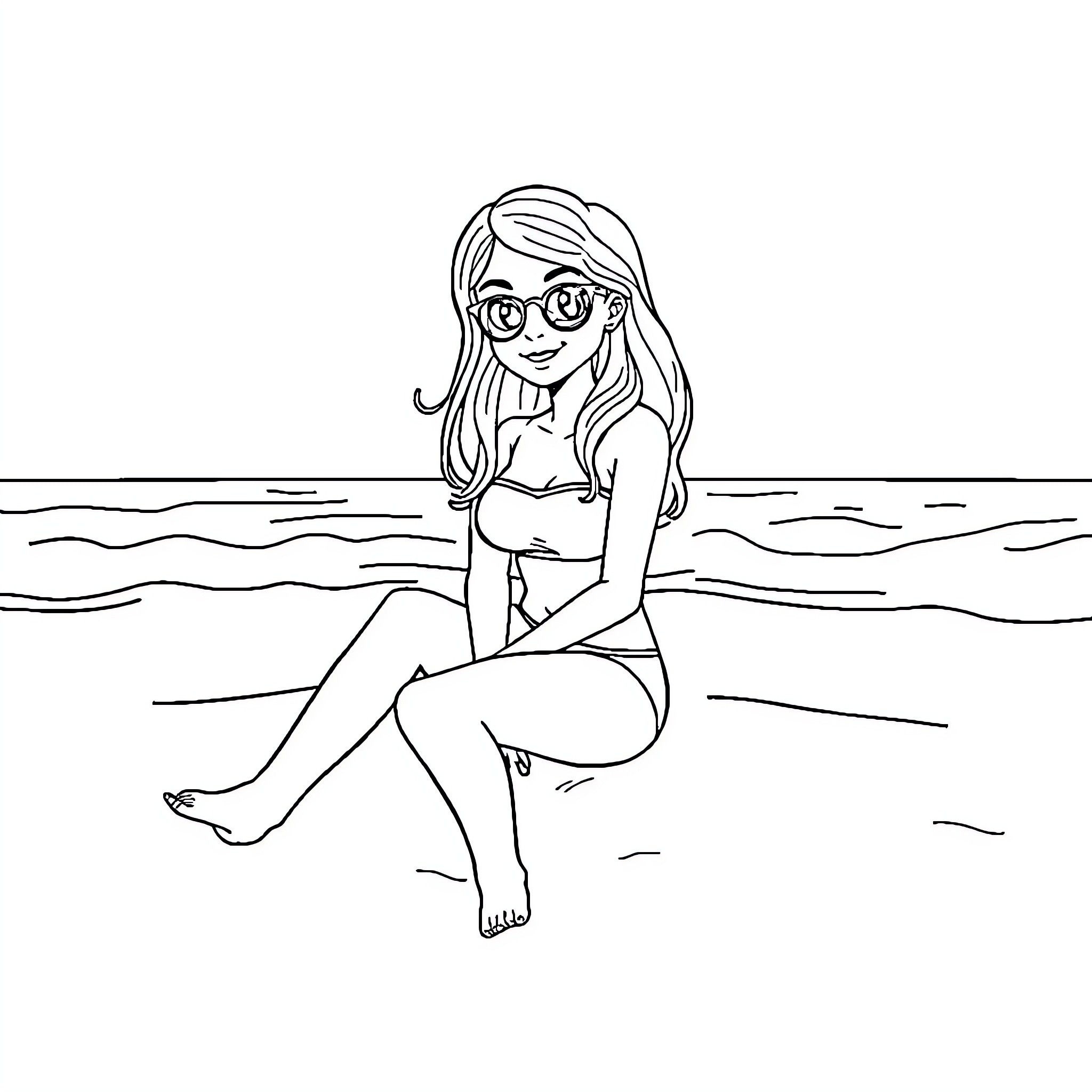 Barbie relaxing at the beach in swimwear Coloring Page (free black-and-white line drawing printable PDF for all, from beginners to advanced learners, including children, teens, adults, and seniors)