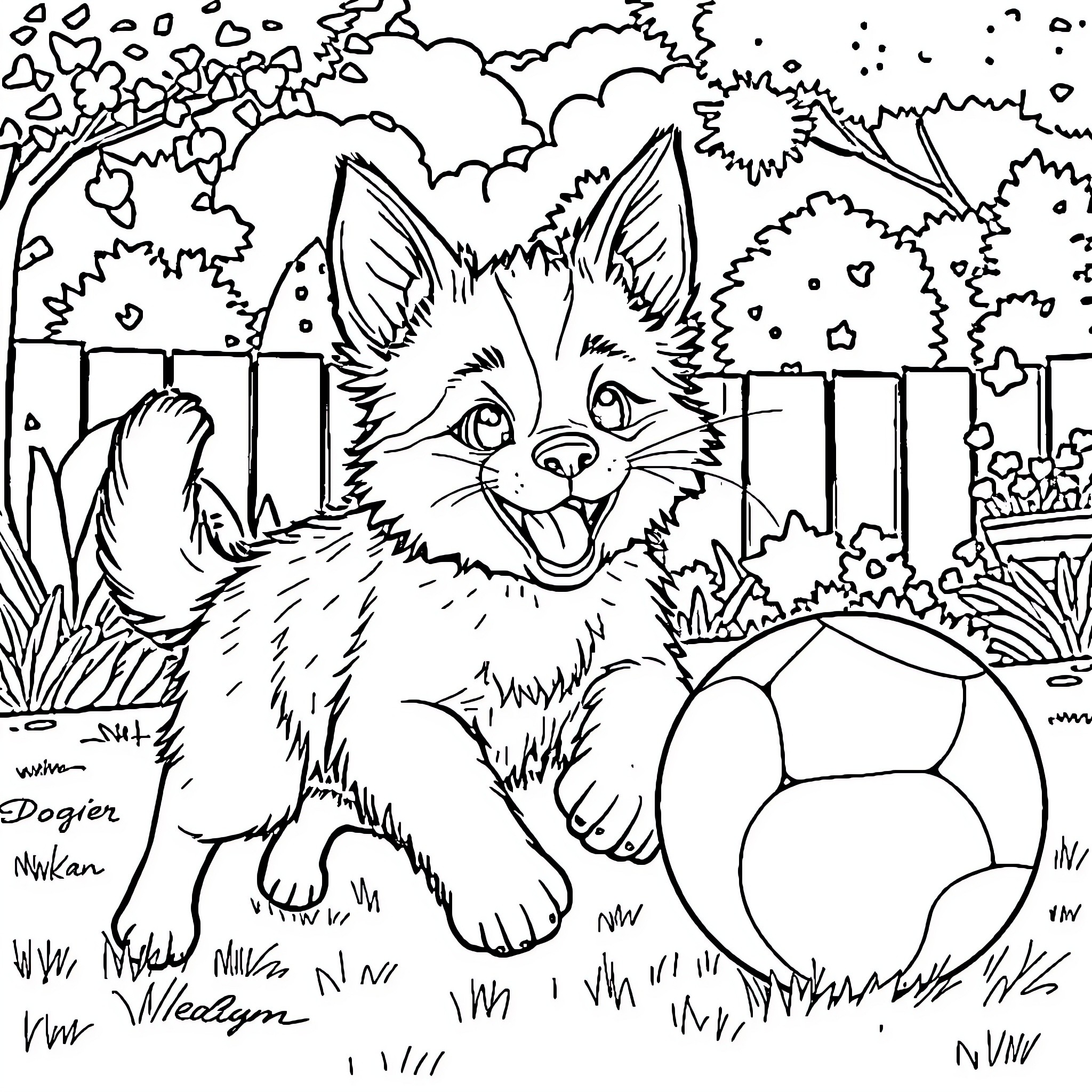 Cat-Dog Playing Happily in Lush Outdoor Scene Coloring Page (free black-and-white line drawing printable PDF for all, from beginners to advanced learners, including children, teens, adults, and seniors)