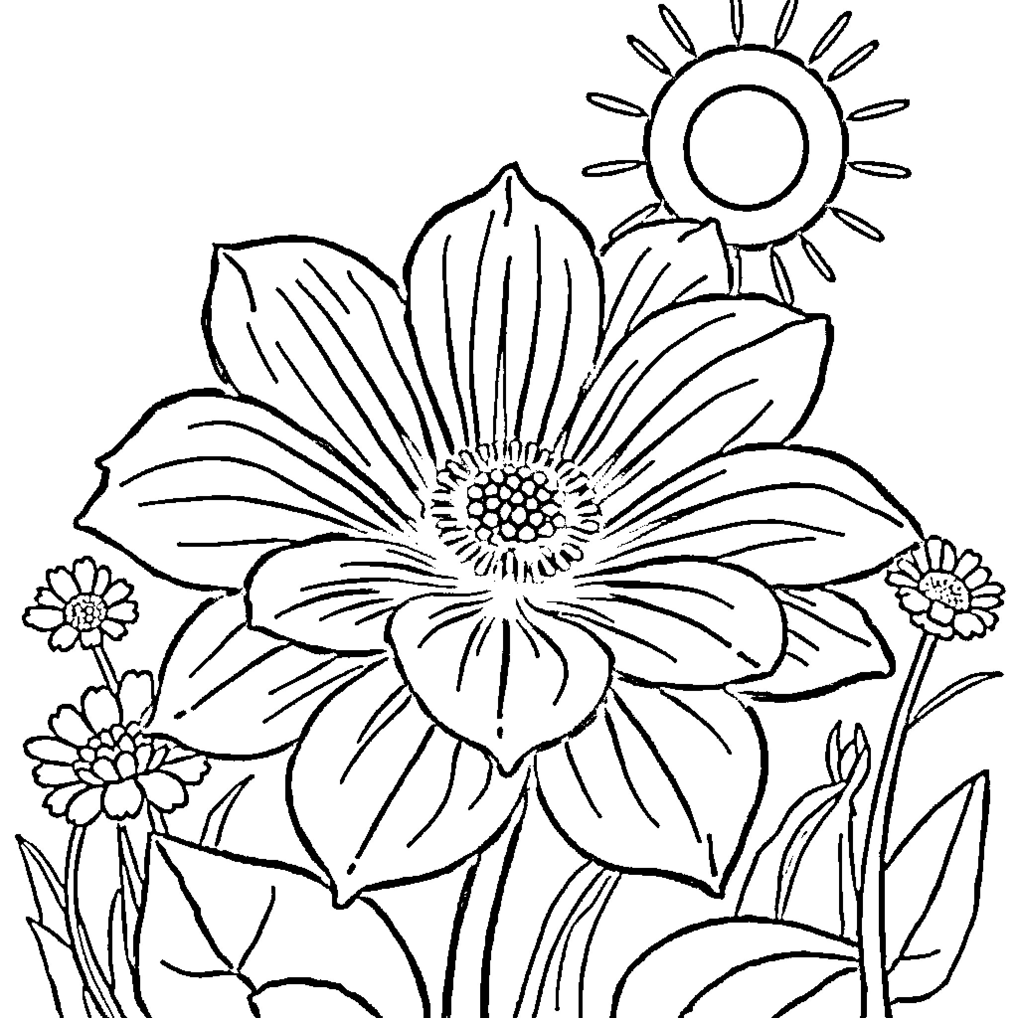 Flower garden scene with blooming flowers and sun Coloring Page (free black-and-white line drawing printable PDF for all, from beginners to advanced learners, including children, teens, adults, and seniors)