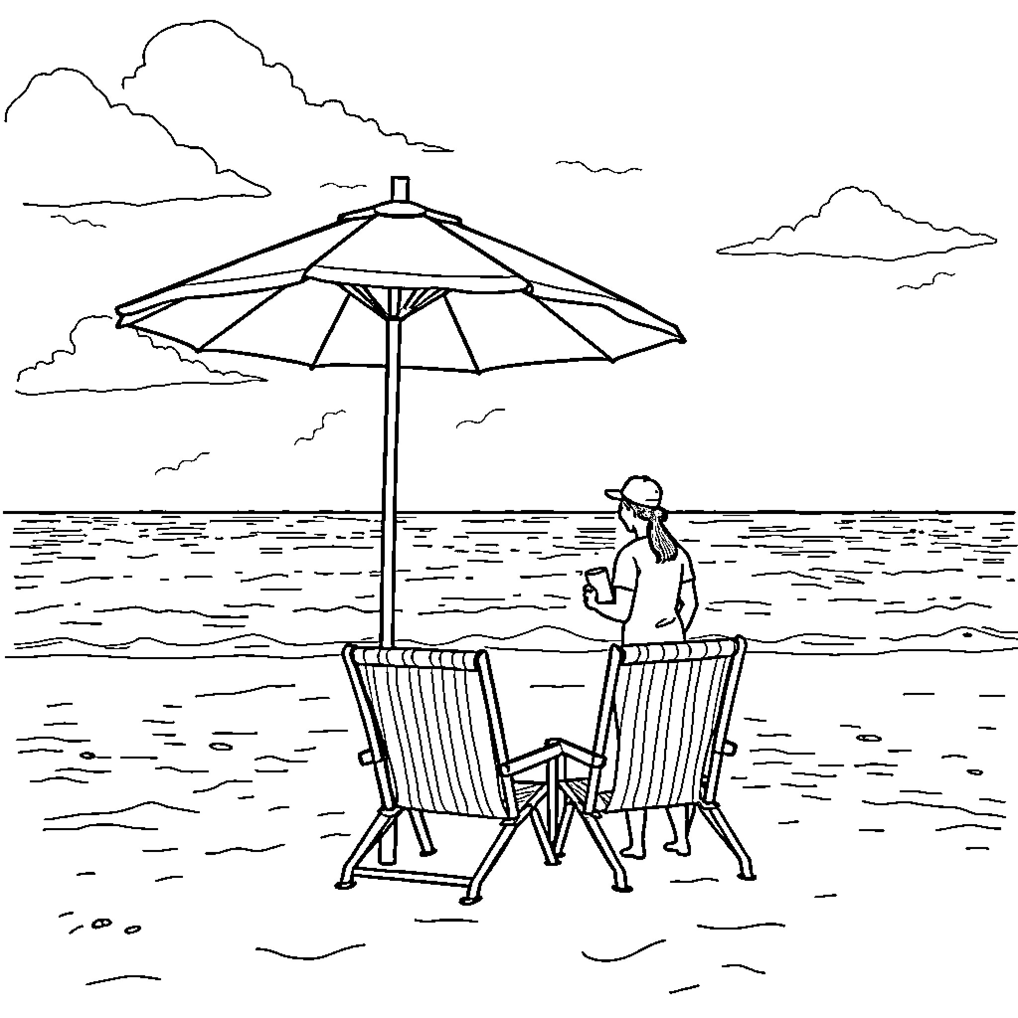 Beach scene with umbrella and lounging chairs Coloring Page (free black-and-white line drawing printable PDF for all, from beginners to advanced learners, including children, teens, adults, and seniors)