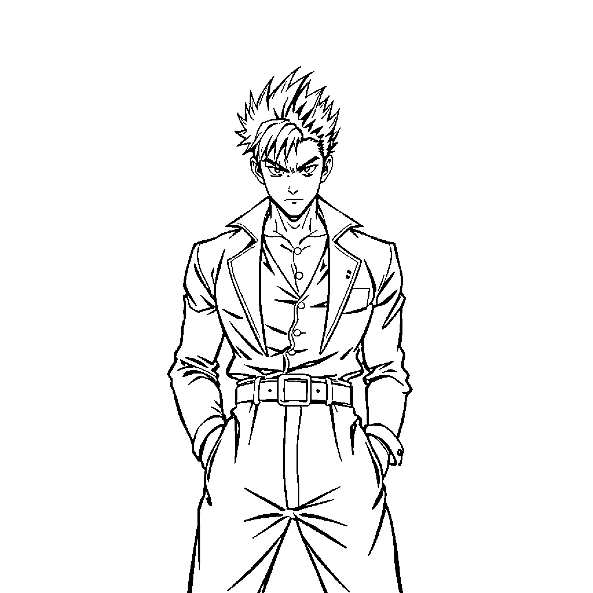 Kazuya Mishima in a serious and determined pose Coloring Page (free black-and-white line drawing printable PDF for all, from beginners to advanced learners, including children, teens, adults, and seniors)