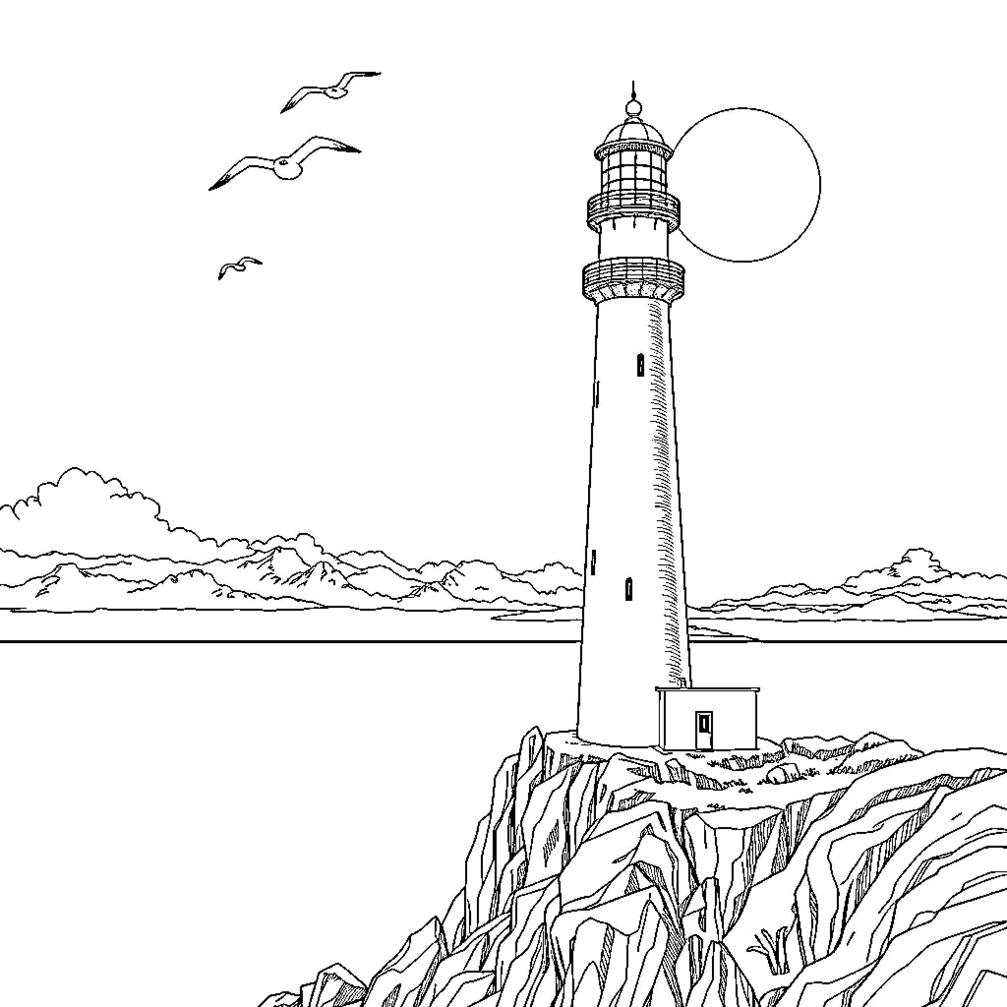Lighthouse standing tall on a rocky coastal landscape Coloring Page (free black-and-white line drawing printable PDF for all, from beginners to advanced learners, including children, teens, adults, and seniors)