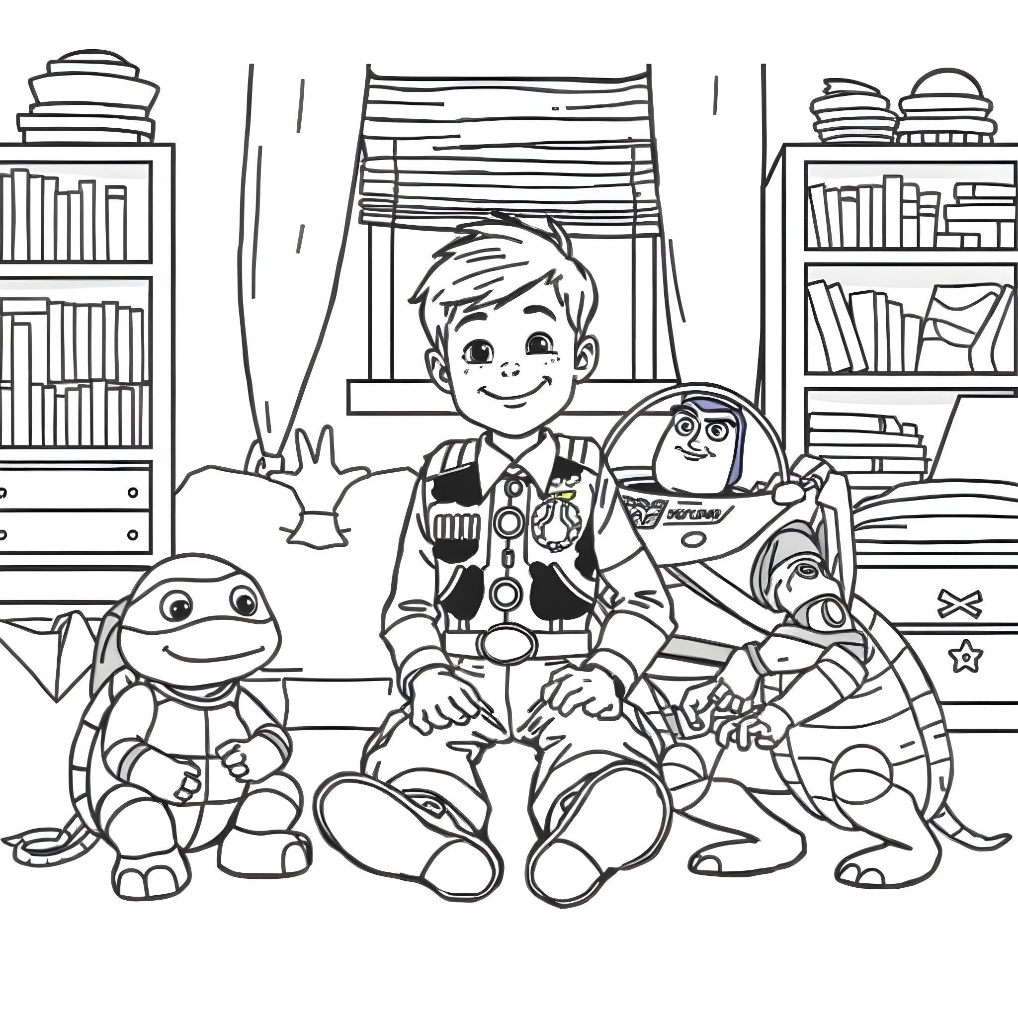 Boy playing with toys in his bedroom Coloring Page (free black-and-white line drawing printable PDF for all, from beginners to advanced learners, including children, teens, adults, and seniors)