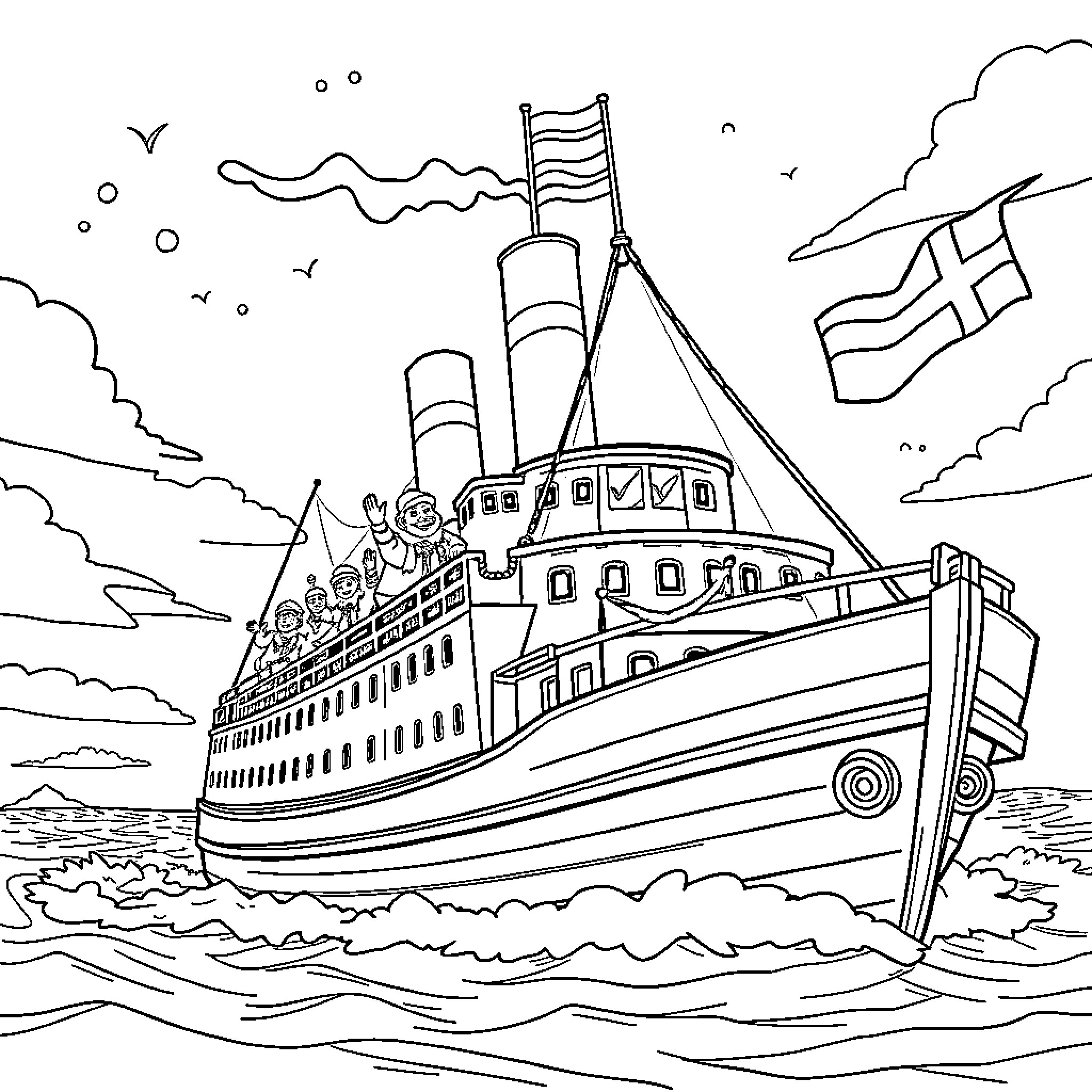 Sinterklaas' Steamship Sailing on the High Seas Coloring Page (free black-and-white line drawing printable PDF for all, from beginners to advanced learners, including children, teens, adults, and seniors)