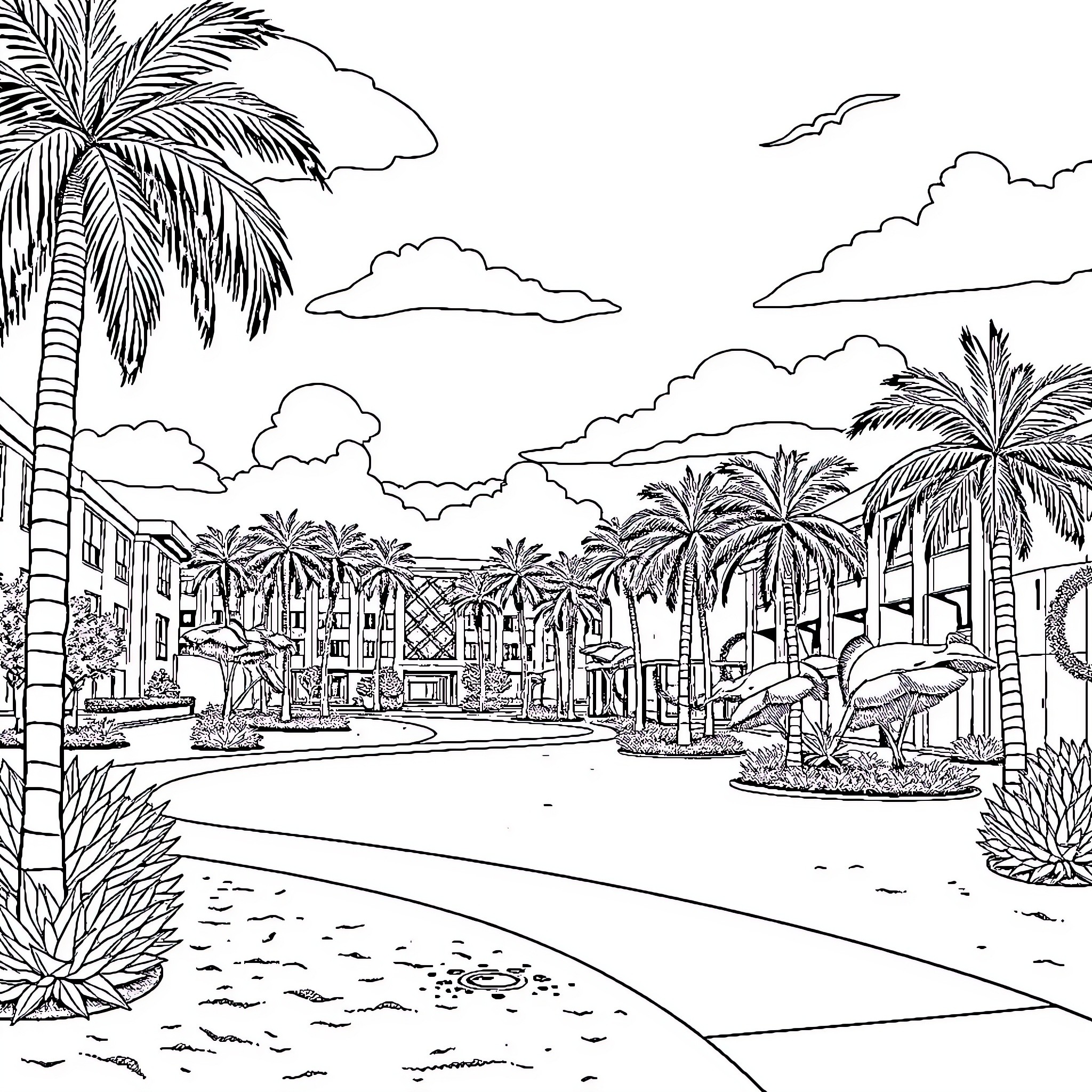 Campus with palm trees and resort-style buildings Coloring Page (free black-and-white line drawing printable PDF for all, from beginners to advanced learners, including children, teens, adults, and seniors)