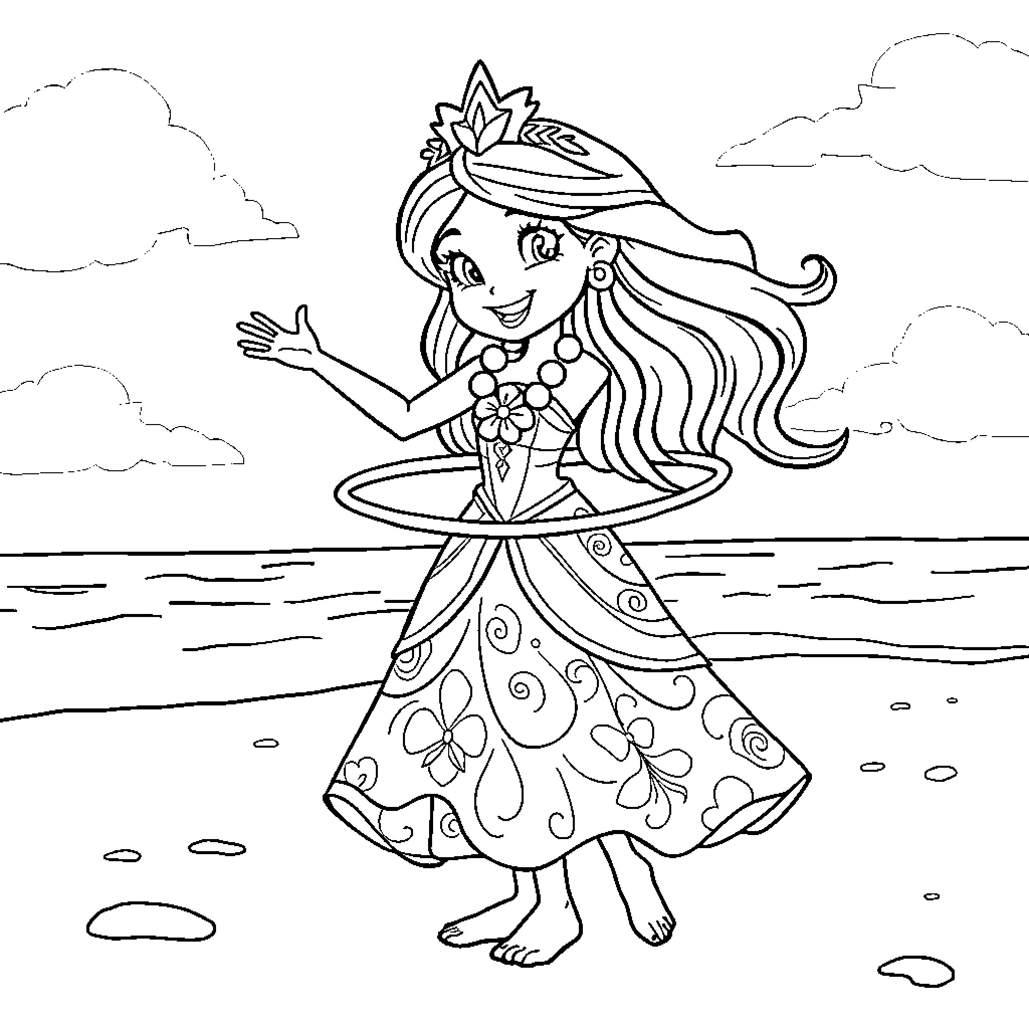 Princess dancing joyfully by the ocean Coloring Page (free black-and-white line drawing printable PDF for all, from beginners to advanced learners, including children, teens, adults, and seniors)