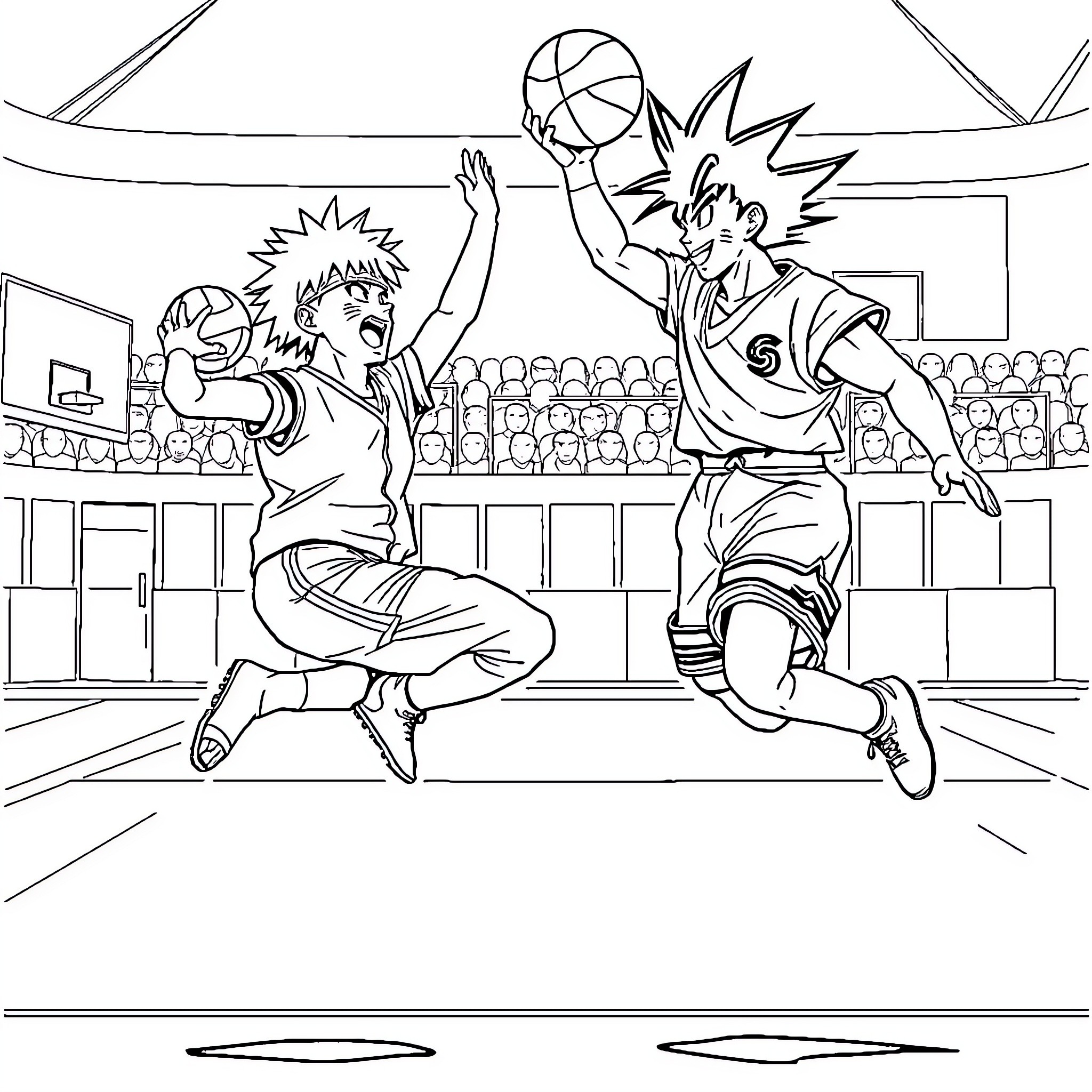 Naruto Characters Playing Intense Basketball Game Coloring Page (free black-and-white line drawing printable PDF for all, from beginners to advanced learners, including children, teens, adults, and seniors)