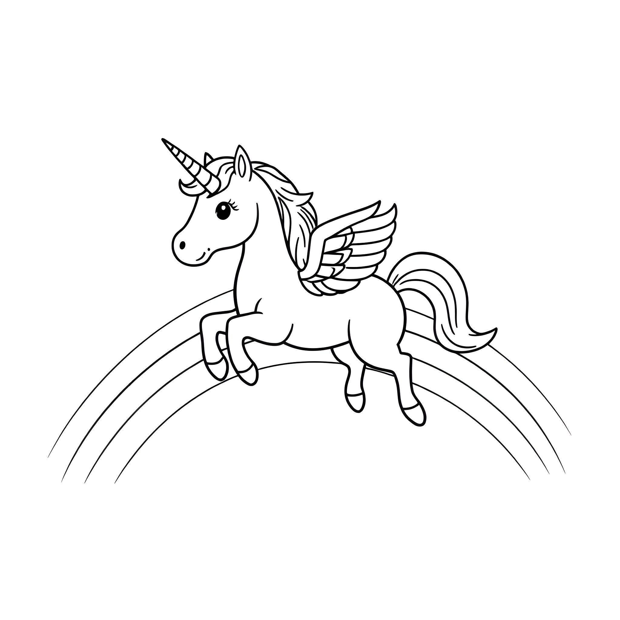 Unicorn flying over a rainbow Coloring Page (free black-and-white line drawing printable PDF for all, from beginners to advanced learners, including children, teens, adults, and seniors)