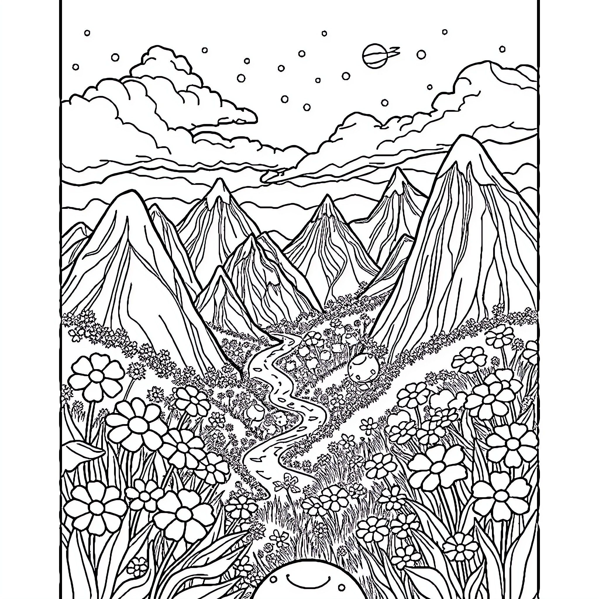 Candy Flowers in Mountainous Landscape Coloring Page (free black-and-white line drawing printable PDF for all, from beginners to advanced learners, including children, teens, adults, and seniors)