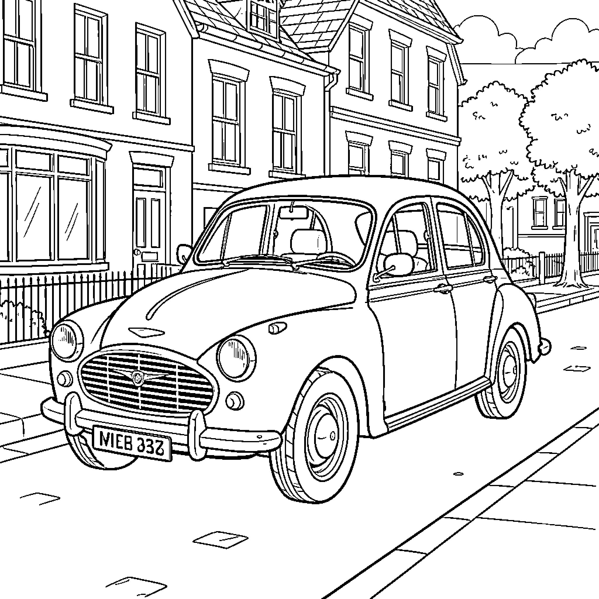 Morris Minor parked on a quiet residential street Coloring Page (free black-and-white line drawing printable PDF for all, from beginners to advanced learners, including children, teens, adults, and seniors)