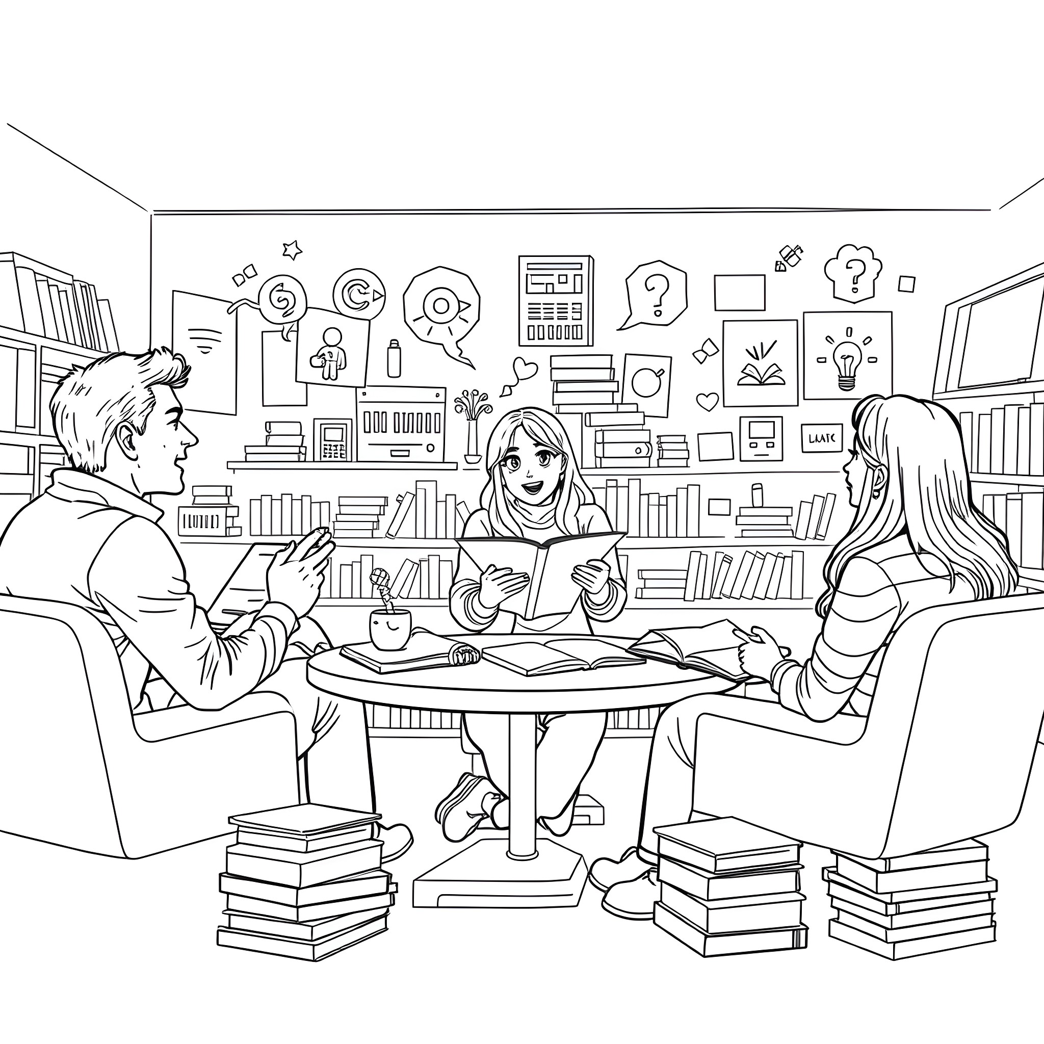 Maria Studying with Friends in the Library Coloring Page (free black-and-white line drawing printable PDF for all, from beginners to advanced learners, including children, teens, adults, and seniors)