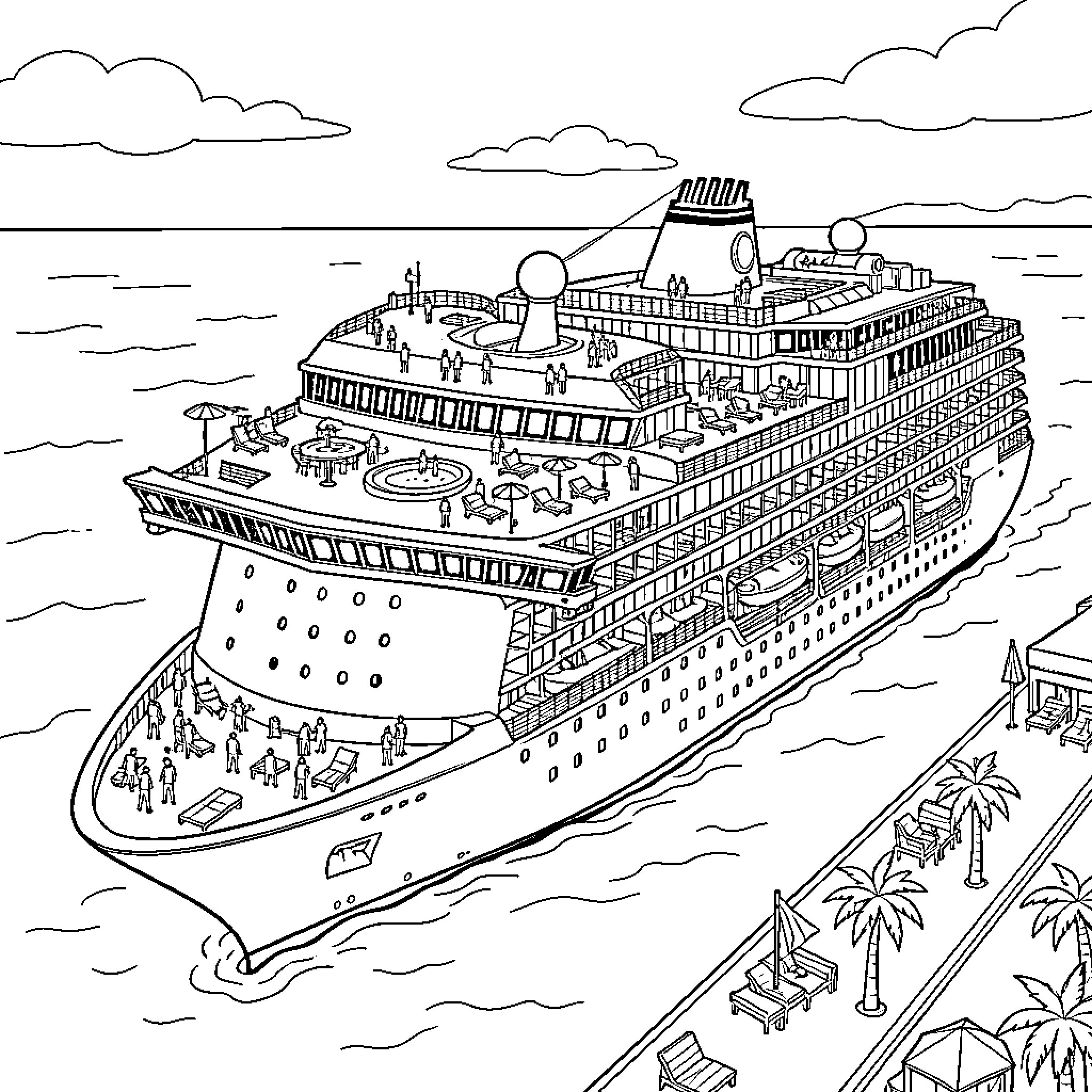 Cruise Line passengers relaxing on multiple decks at sea Coloring Page (free black-and-white line drawing printable PDF for all, from beginners to advanced learners, including children, teens, adults, and seniors)