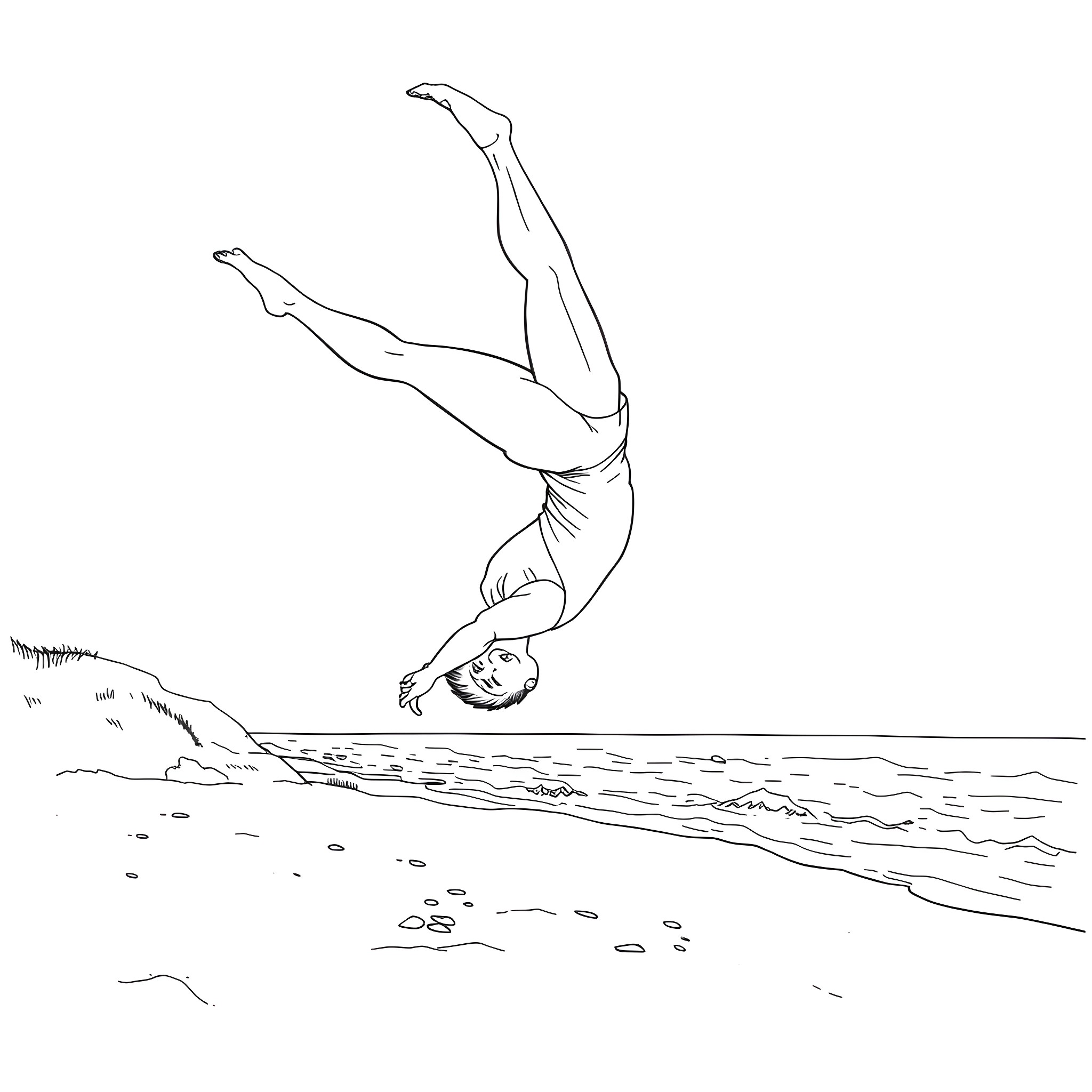 Gymnast Performing Impressive Aerial Maneuver at the Beach Coloring Page (free black-and-white line drawing printable PDF for all, from beginners to advanced learners, including children, teens, adults, and seniors)