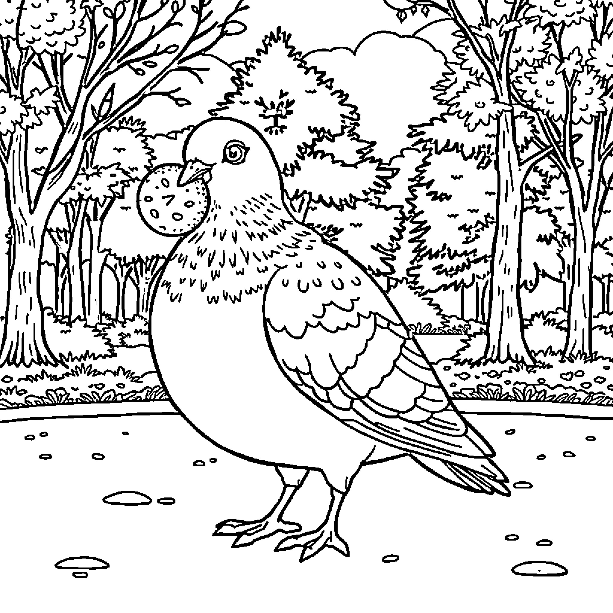 Pigeon exploring the forest Coloring Page (free black-and-white line drawing printable PDF for all, from beginners to advanced learners, including children, teens, adults, and seniors)