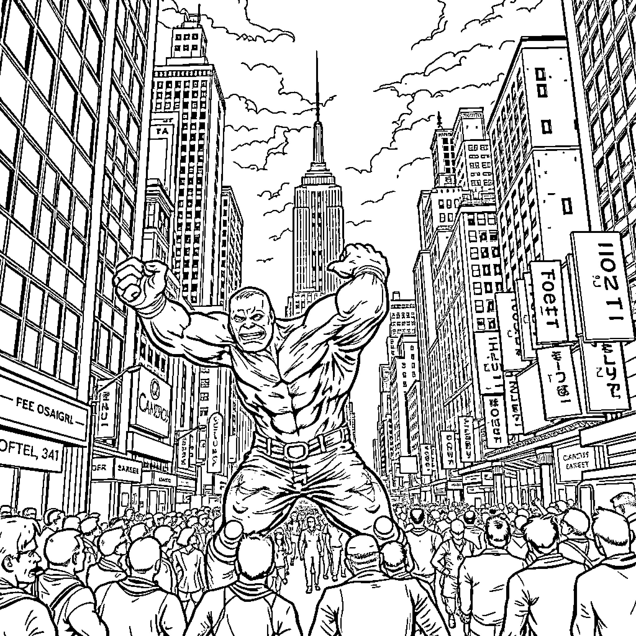 Thanos Dominates the Cityscape with Crowd Coloring Page (free black-and-white line drawing printable PDF for all, from beginners to advanced learners, including children, teens, adults, and seniors)